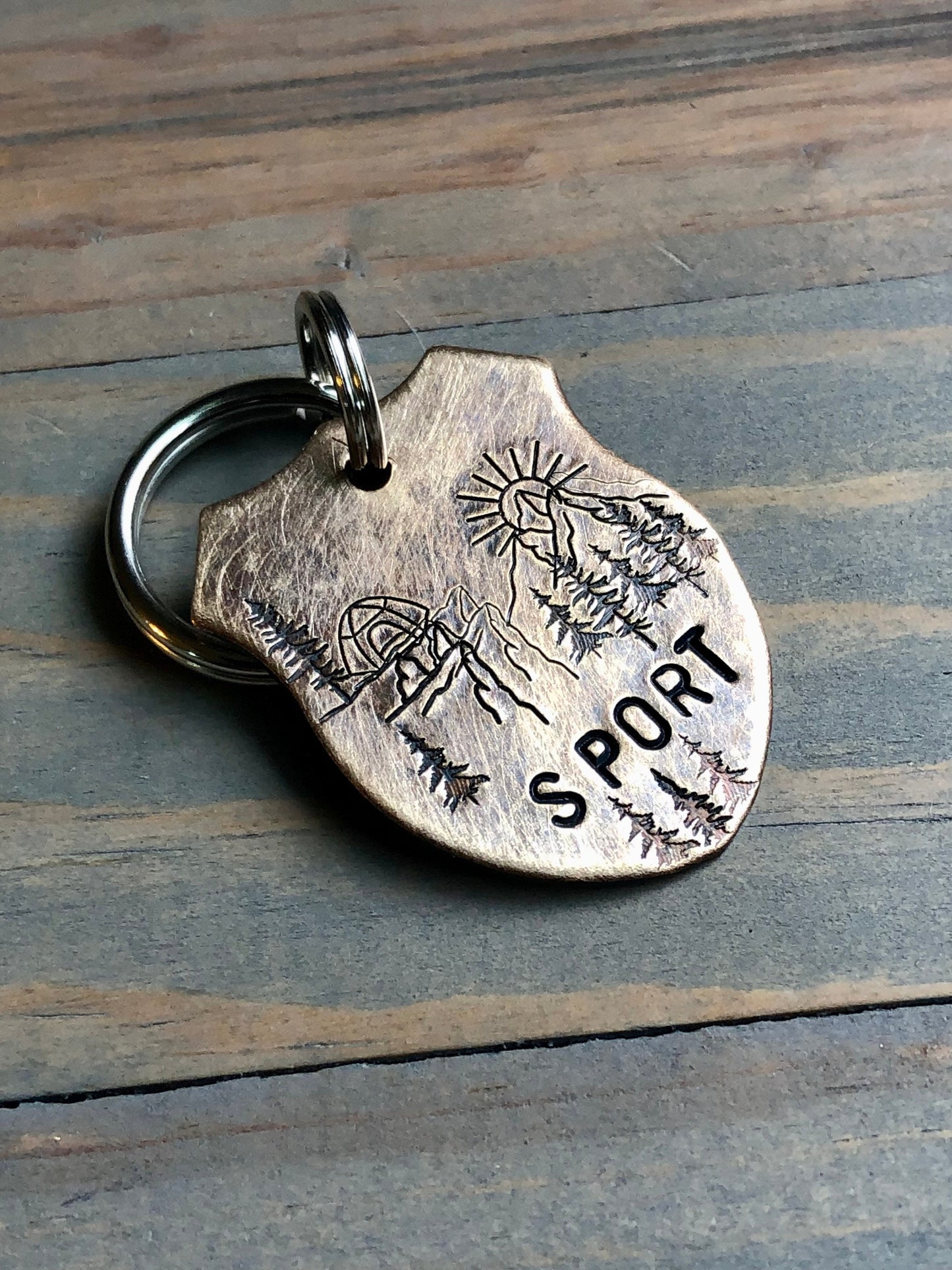 Custom Badge Dog Tag, Hand Stamped Pet ID, Personalized Dog Tag for Dog, Camping Collar Tag, Tag with Tent, Mountains & Trees, Sport