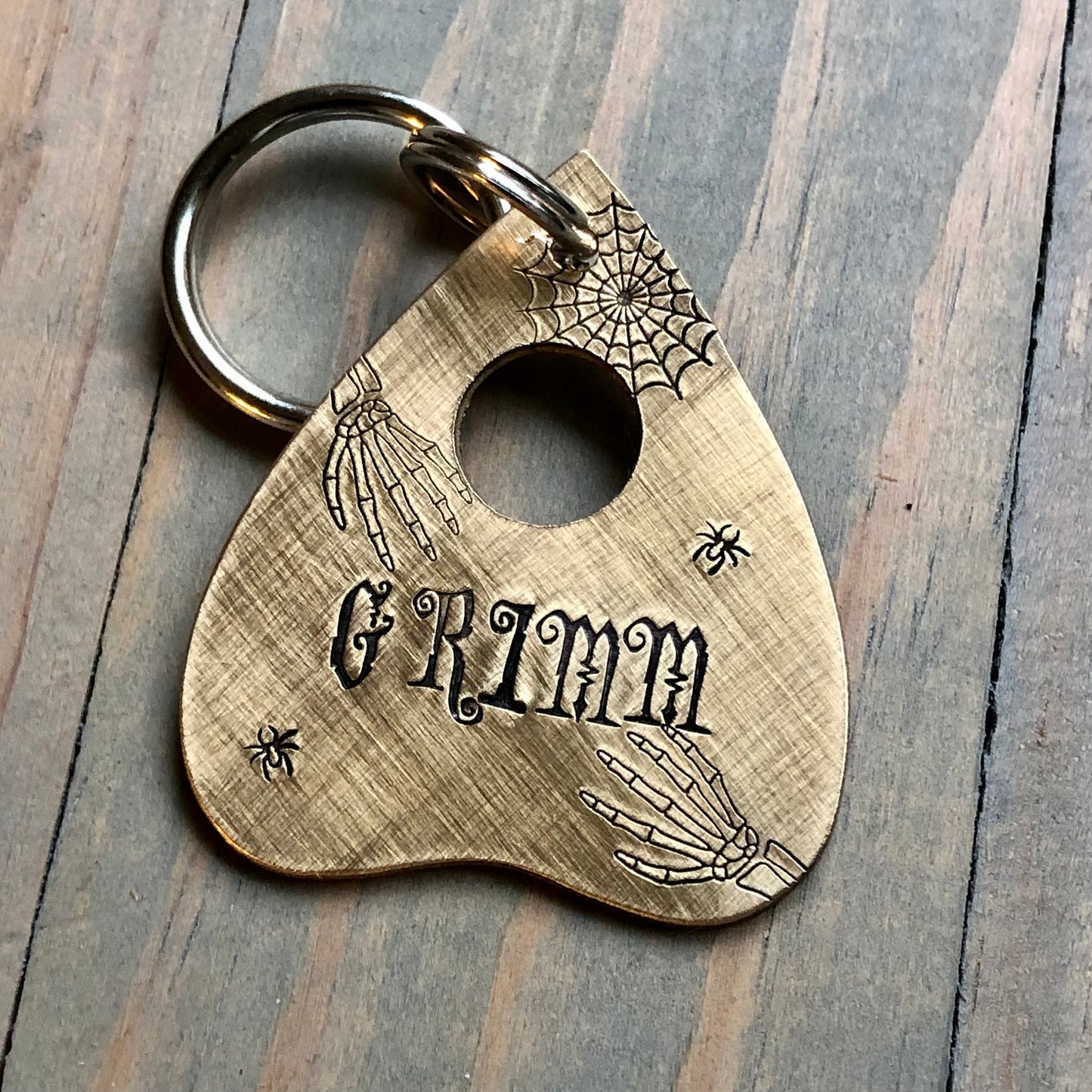 Custom Planchette Dog Tag with skeleton, Hand Stamped Pet ID, Personalized Dog Tag for Dog, Halloween Collar Tag, Tag with spiders and web