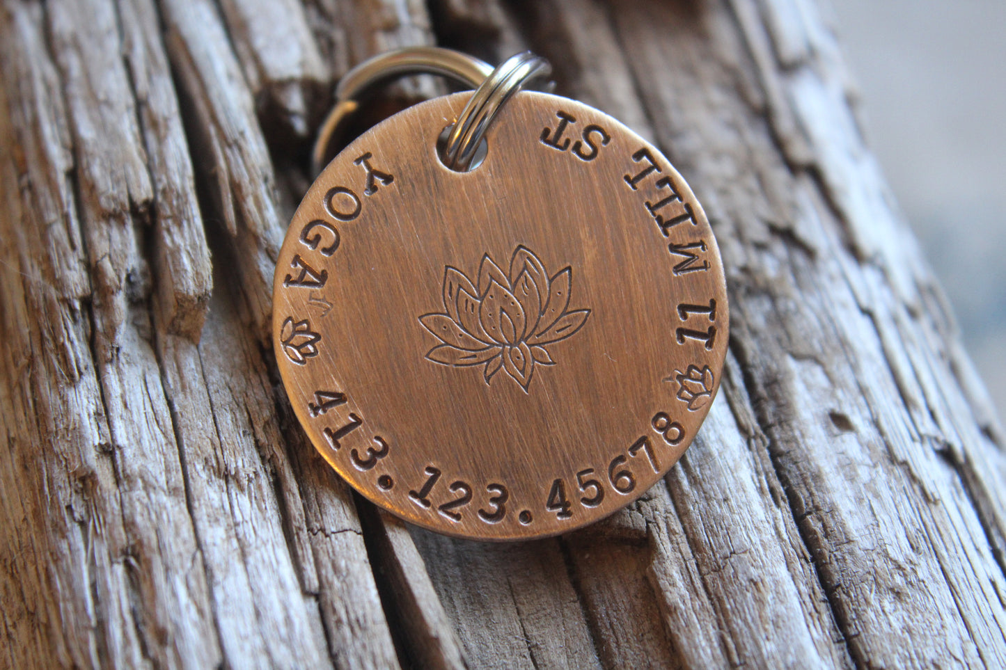 Custom ID Dog Tag, Namaste, Hand Stamped Dog Tag, Tag for Dog, Yoga Dog, Puppy Tag, Tag with Lotus, Copper Dog Tag, Pet ID