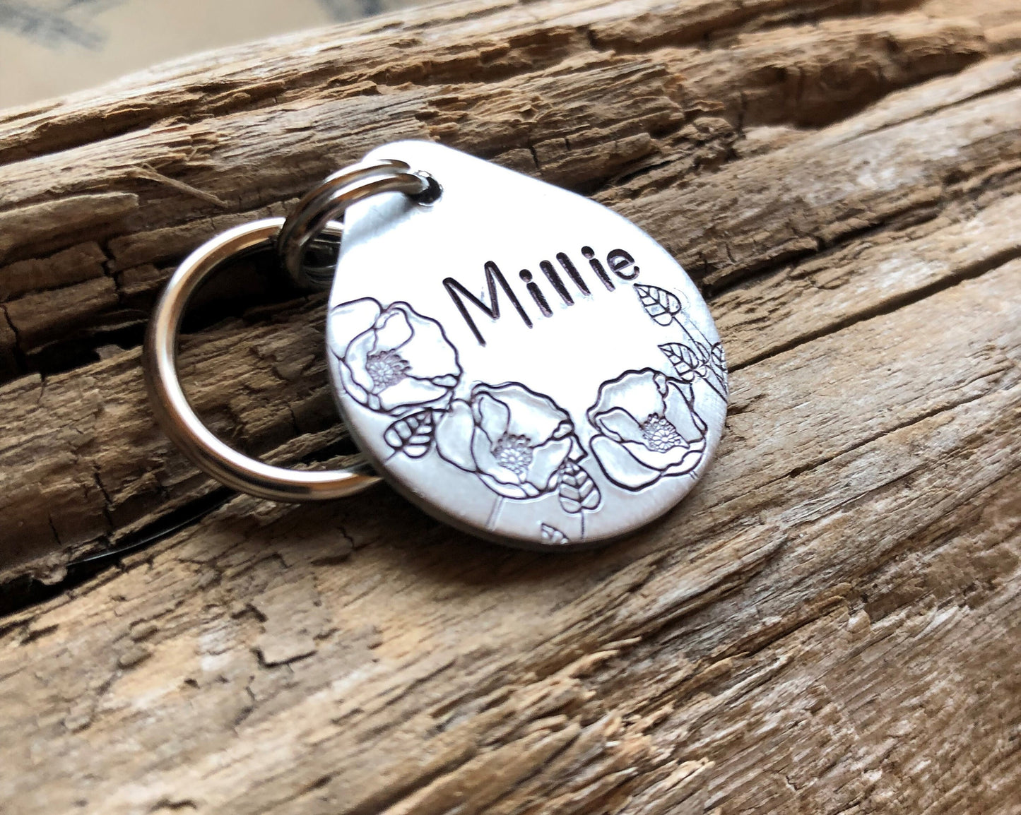 Dog Tag, Dog ID Tag, Hand Stamped Dog Tag, Dog Tag for Collar, Pet ID Tag, Personalized Tag, The Millie, Oval Tag with Flowers, Poppy