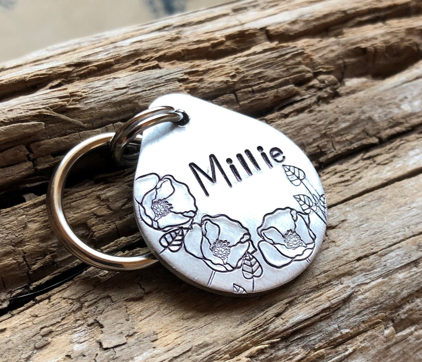 Dog Tag, Dog ID Tag, Hand Stamped Dog Tag, Dog Tag for Collar, Pet ID Tag, Personalized Tag, The Millie, Oval Tag with Flowers, Poppy