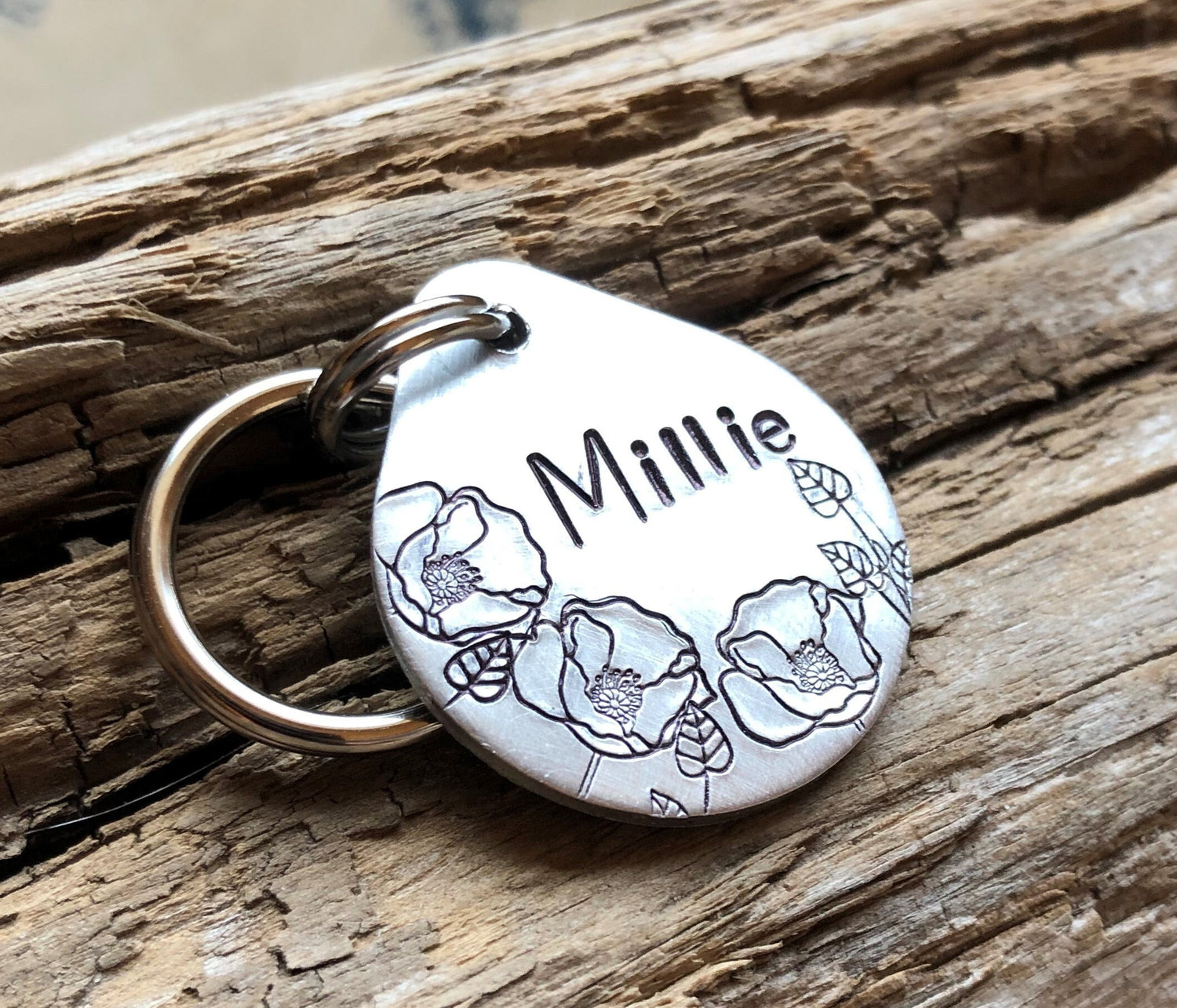 Dog Tag, Dog ID Tag, Hand Stamped Dog Tag, Dog Tag for Collar, Pet ID Tag, Personalized Tag, The Millie, Oval Tag with Flowers, Poppy