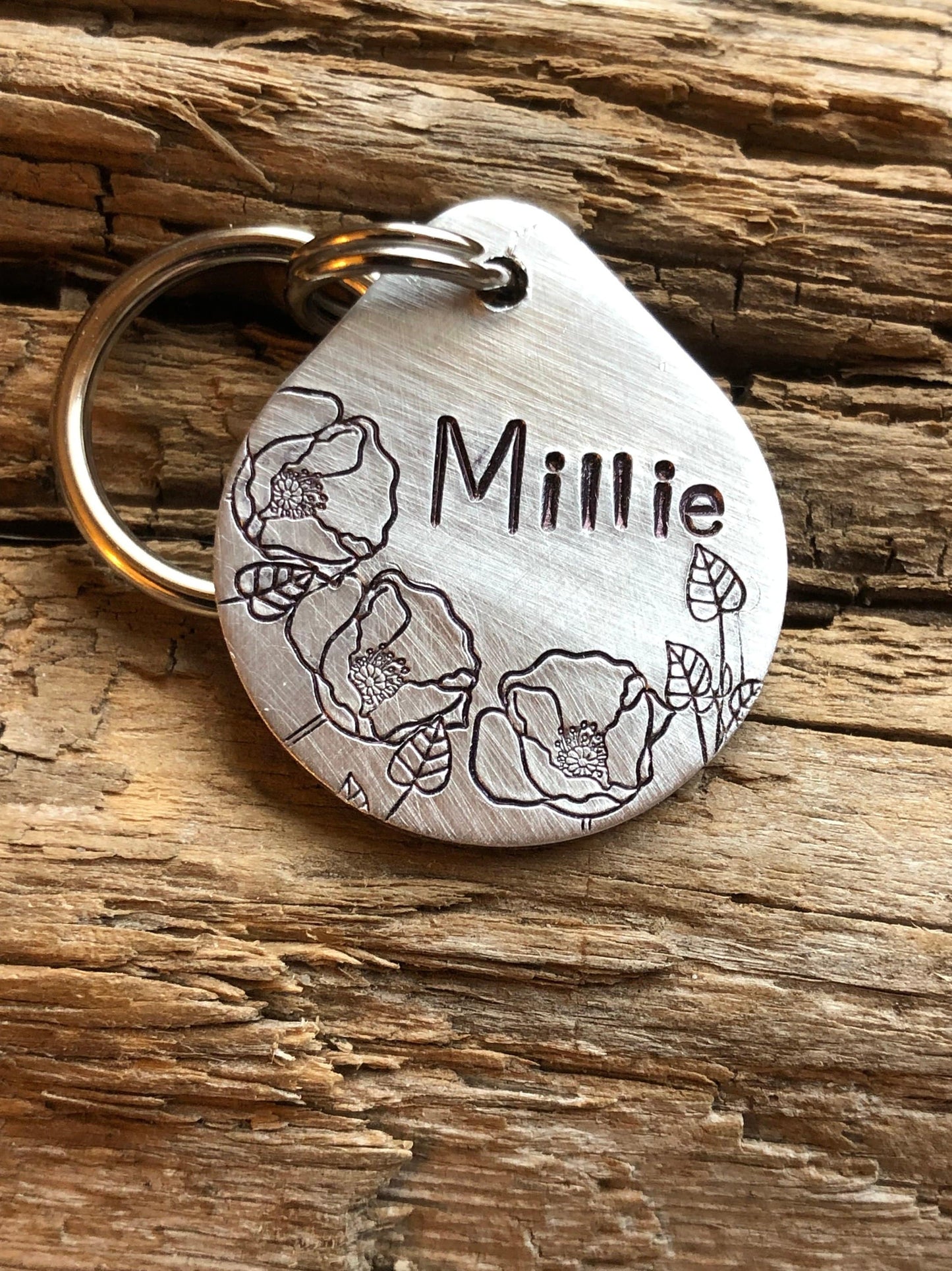 Dog Tag, Dog ID Tag, Hand Stamped Dog Tag, Dog Tag for Collar, Pet ID Tag, Personalized Tag, The Millie, Oval Tag with Flowers, Poppy