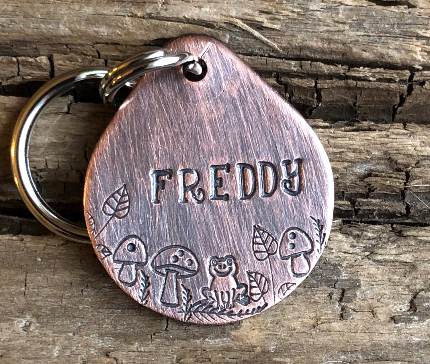 Dog Tag, Dog ID Tag, Hand Stamped Dog Tag, Dog Tag for Collar, Pet ID Tag, Personalized Tag, Freddy, Oval Tag with Mushrooms and Frog