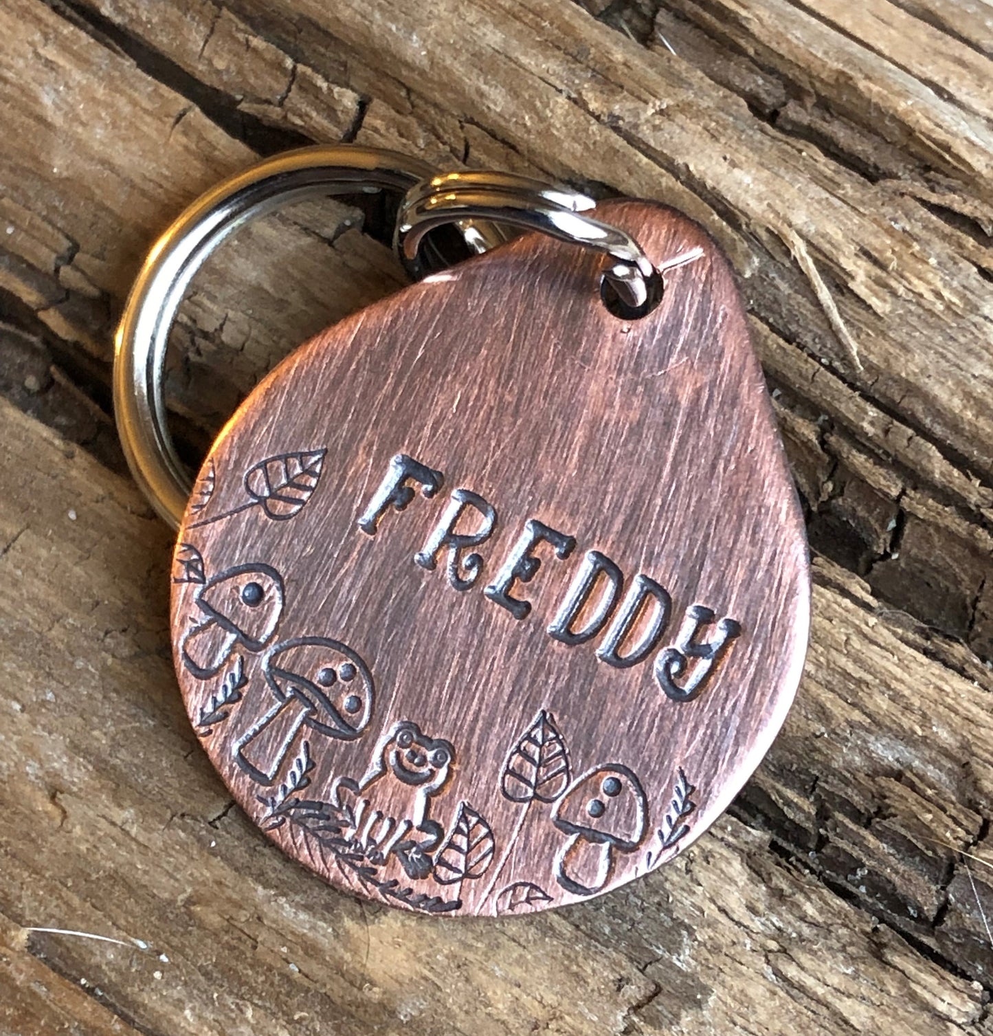 Dog Tag, Dog ID Tag, Hand Stamped Dog Tag, Dog Tag for Collar, Pet ID Tag, Personalized Tag, Freddy, Oval Tag with Mushrooms and Frog