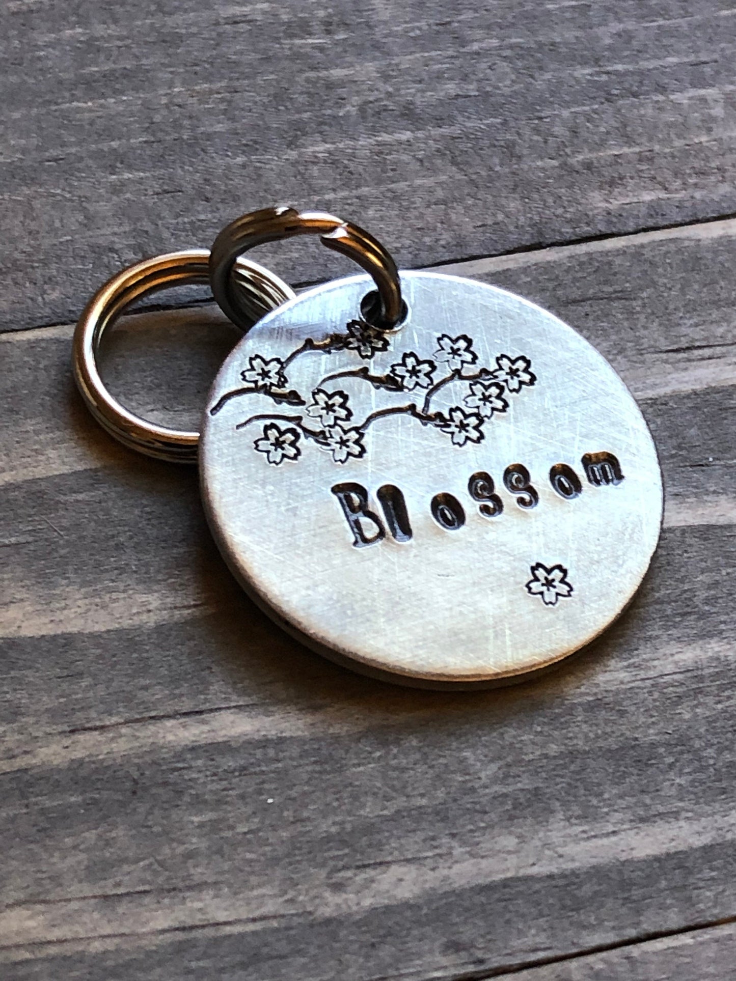 Name Tag for Dog, Hand Stamped Pet ID, Floral Dog Tag, Dog Tag with Flowers, Cherry Blossoms