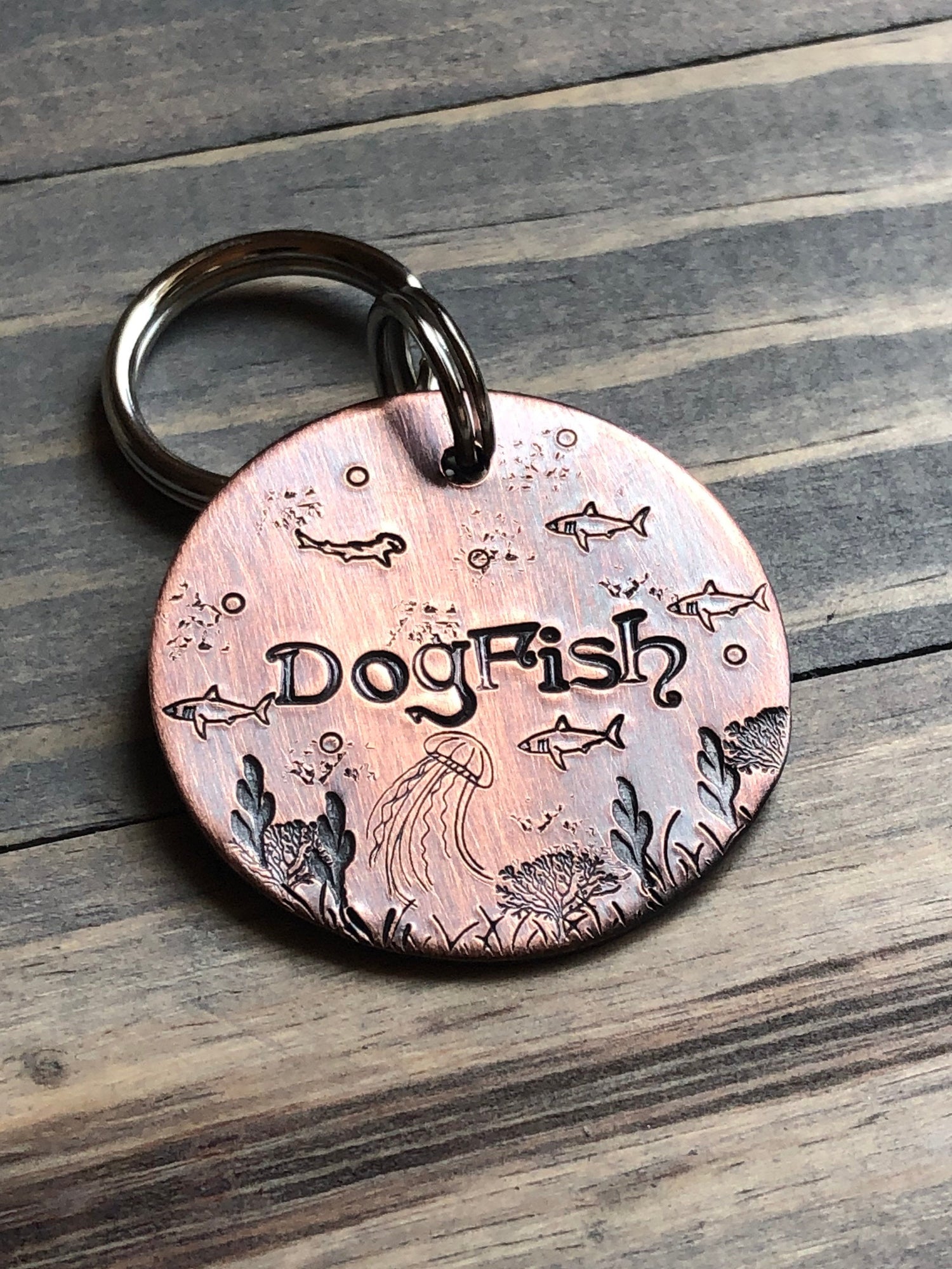 Name Tag for Dog, Hand Stamped Pet ID Tag, Shark, Personalized Dog Tag for Dog, Ocean with Shark Dog Tag, Jellyfish, Hammerhead Shark