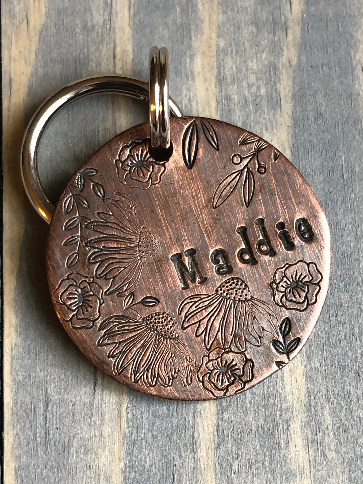 Name Tag for Dog, Hand Stamped Pet ID, Floral Dog Tag, Dog Tag with Flowers