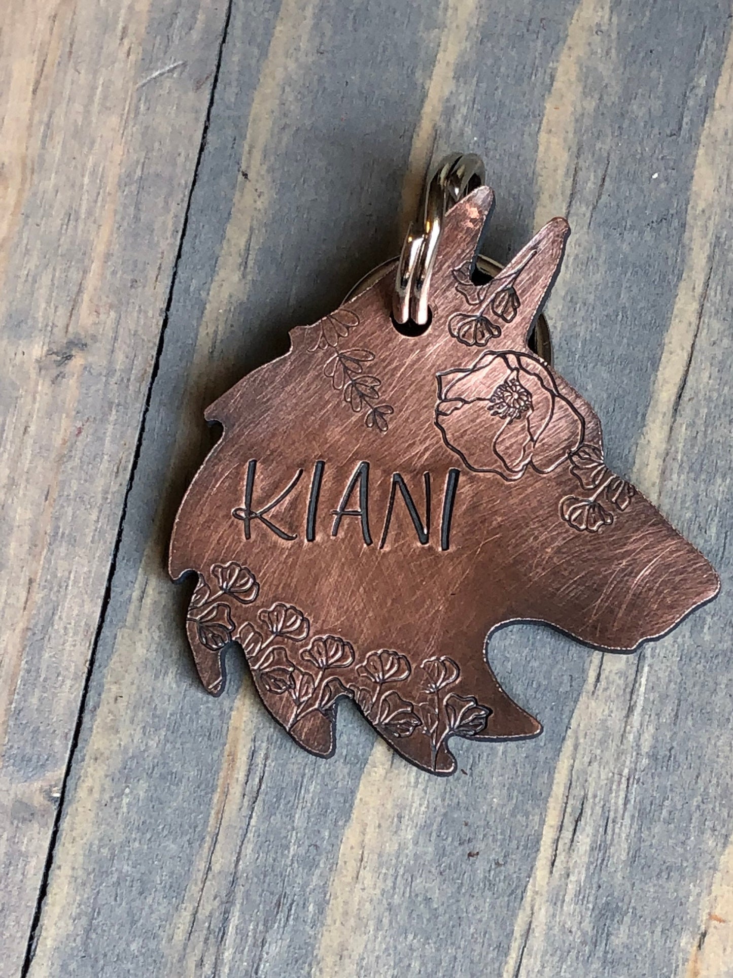 Custom Wolf Head Dog Tag, Hand Stamped Pet ID, Personalized Dog Tag for Dog, Wolf Dog Tag with Flowers
