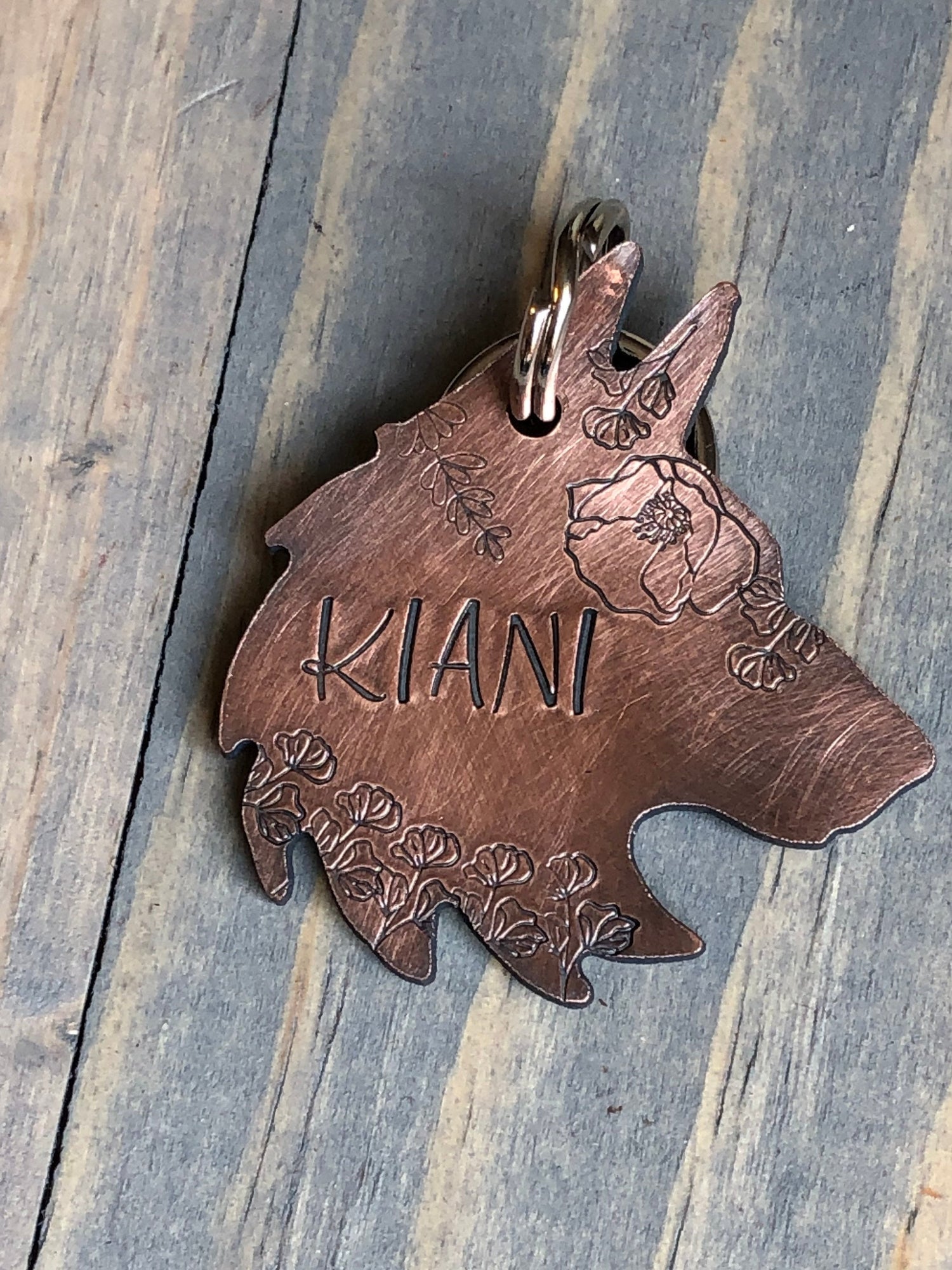 Custom Wolf Head Dog Tag, Hand Stamped Pet ID, Personalized Dog Tag for Dog, Wolf Dog Tag with Flowers