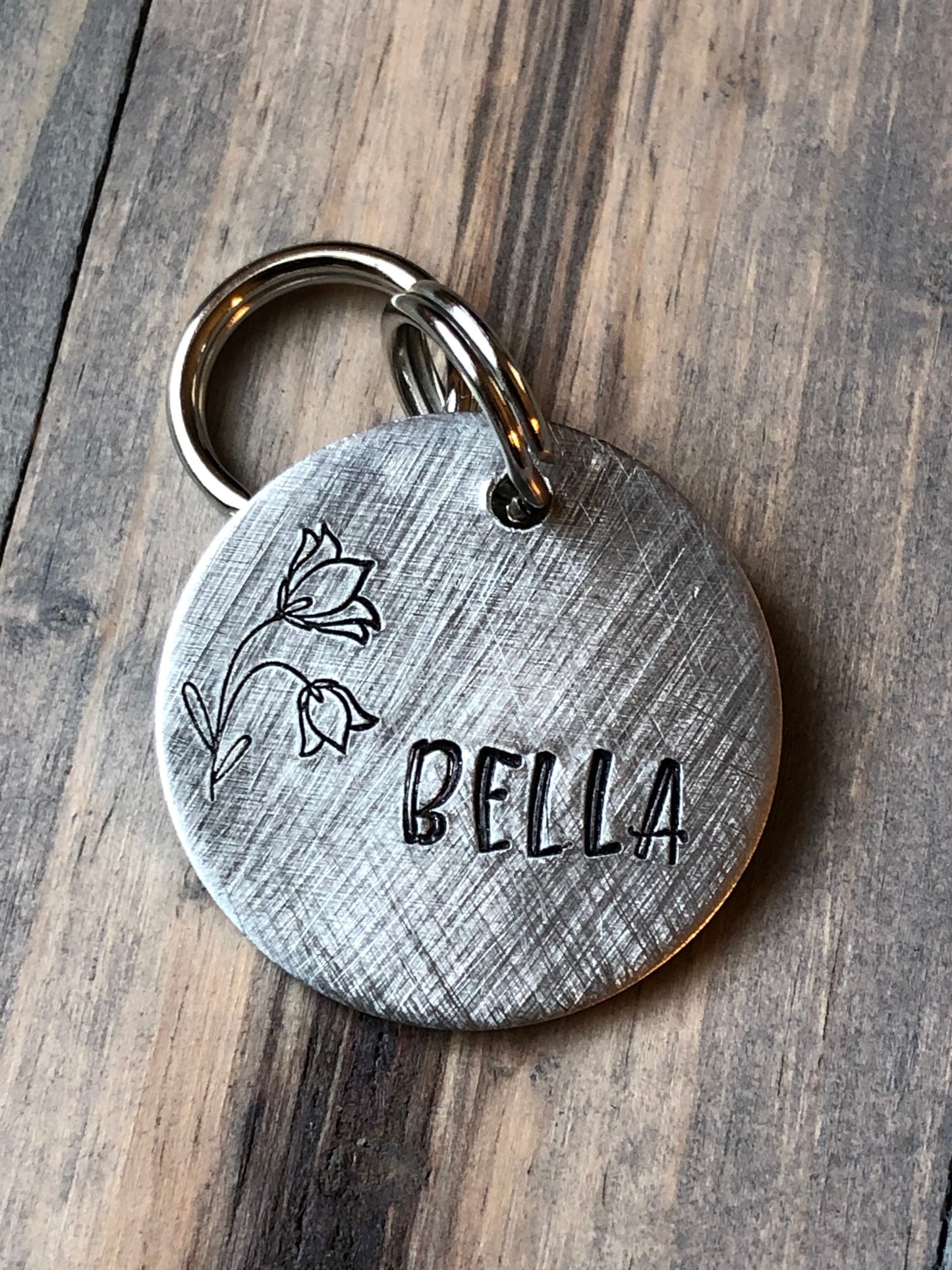 Name Tag for Dog, Hand Stamped Pet ID Tag, Bluebells, Personalized Dog Tag for Dog, Cute Dog Tag with Flowers, Floral Dog Tag