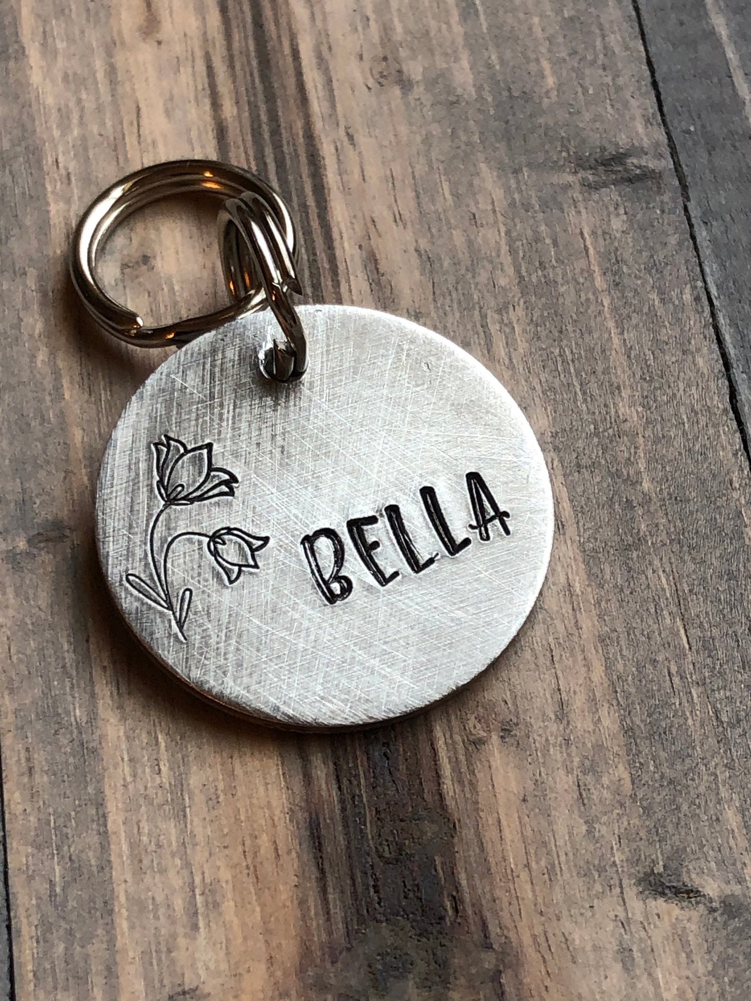 Name Tag for Dog, Hand Stamped Pet ID Tag, Bluebells, Personalized Dog Tag for Dog, Cute Dog Tag with Flowers, Floral Dog Tag
