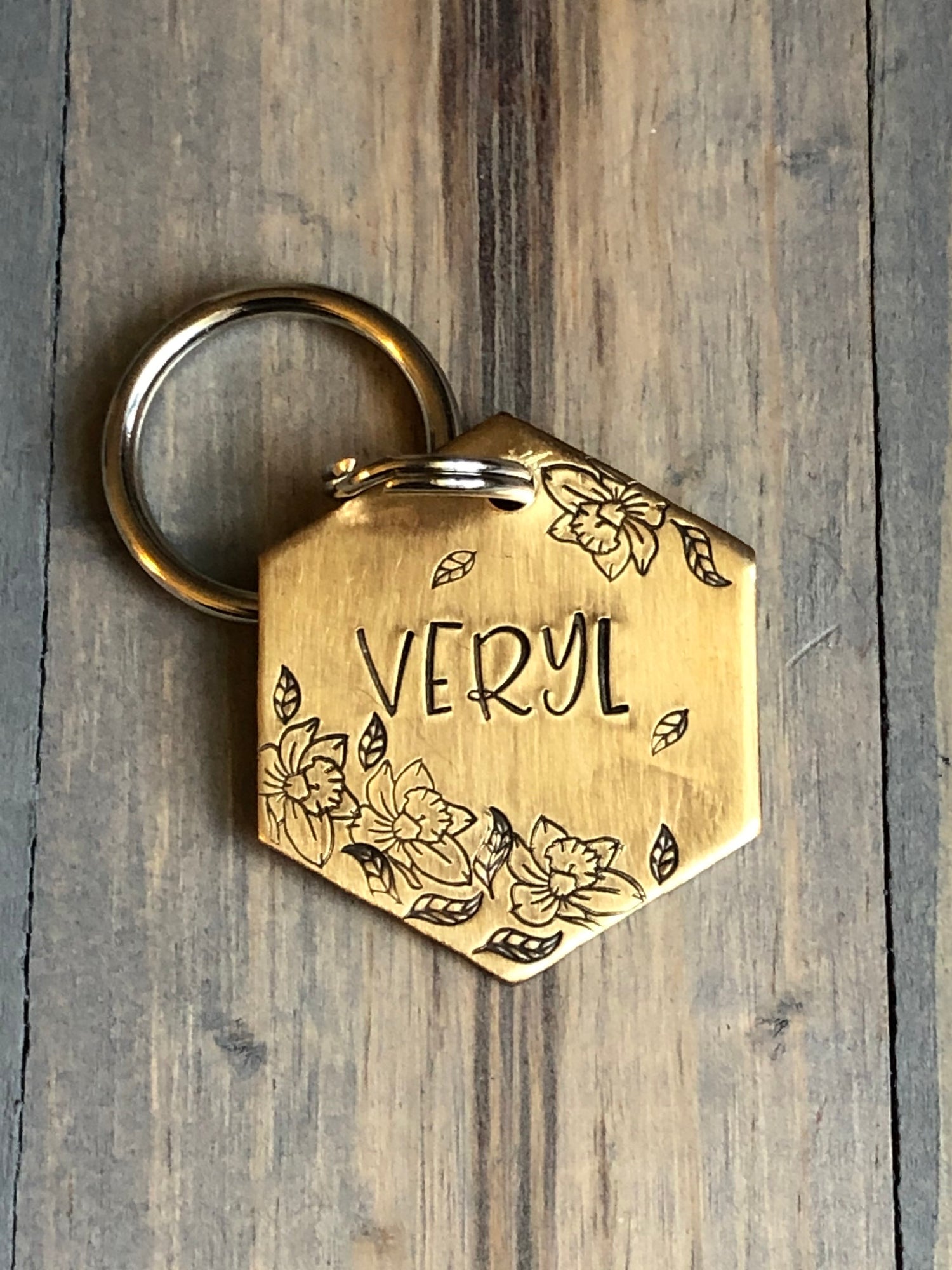 Name Tag for Dog, Hand Stamped Pet ID, Floral Dog Tag, Dog Tag with Flowers, Hexagon with Daffodils