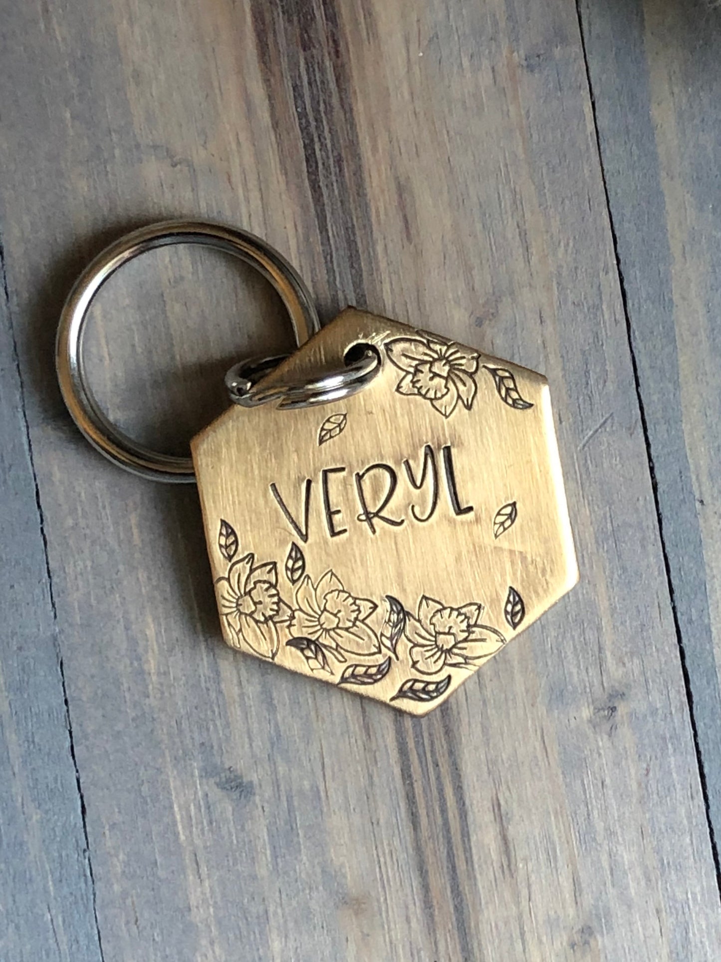 Name Tag for Dog, Hand Stamped Pet ID, Floral Dog Tag, Dog Tag with Flowers, Hexagon with Daffodils