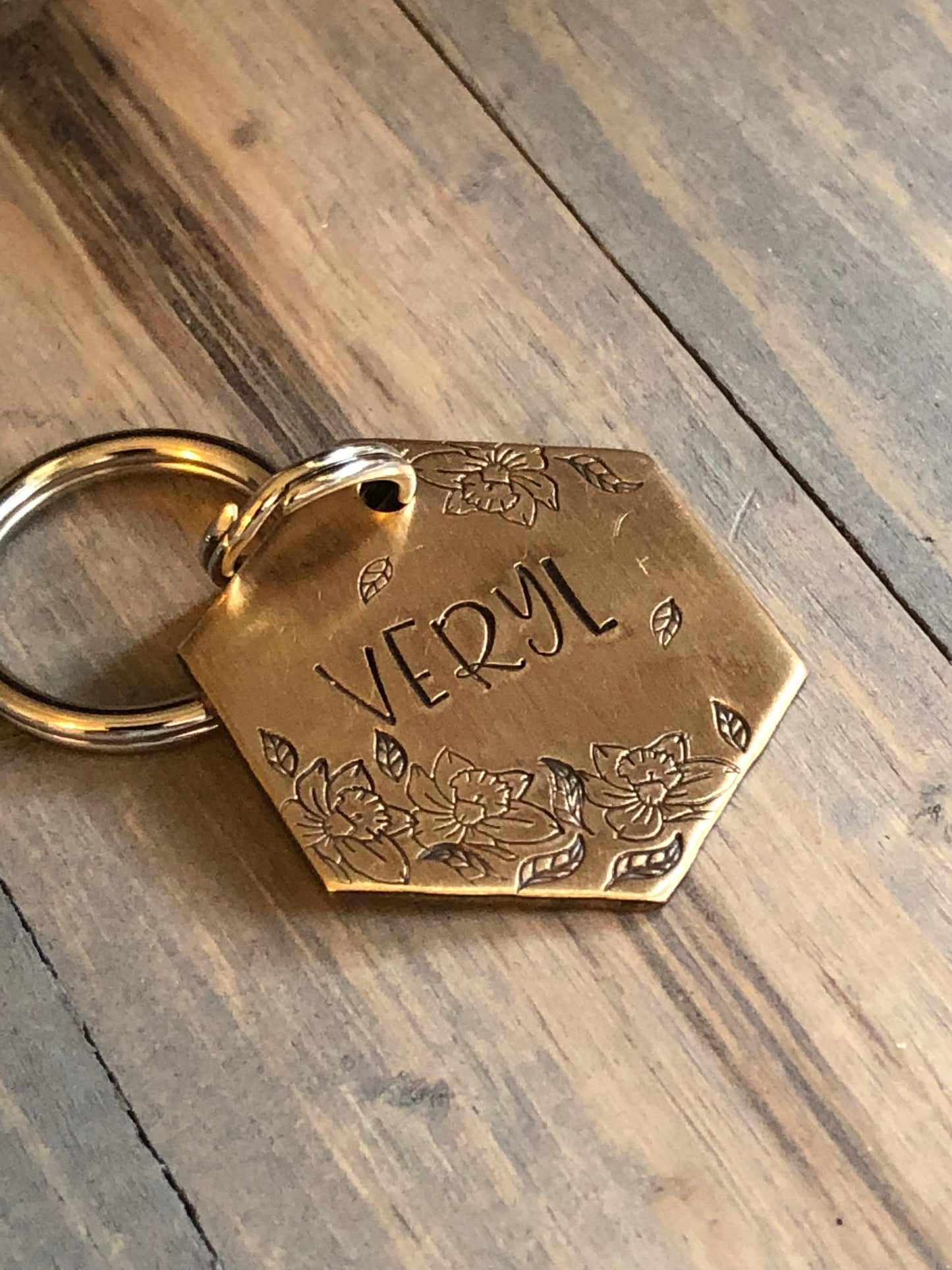 Name Tag for Dog, Hand Stamped Pet ID, Floral Dog Tag, Dog Tag with Flowers, Hexagon with Daffodils