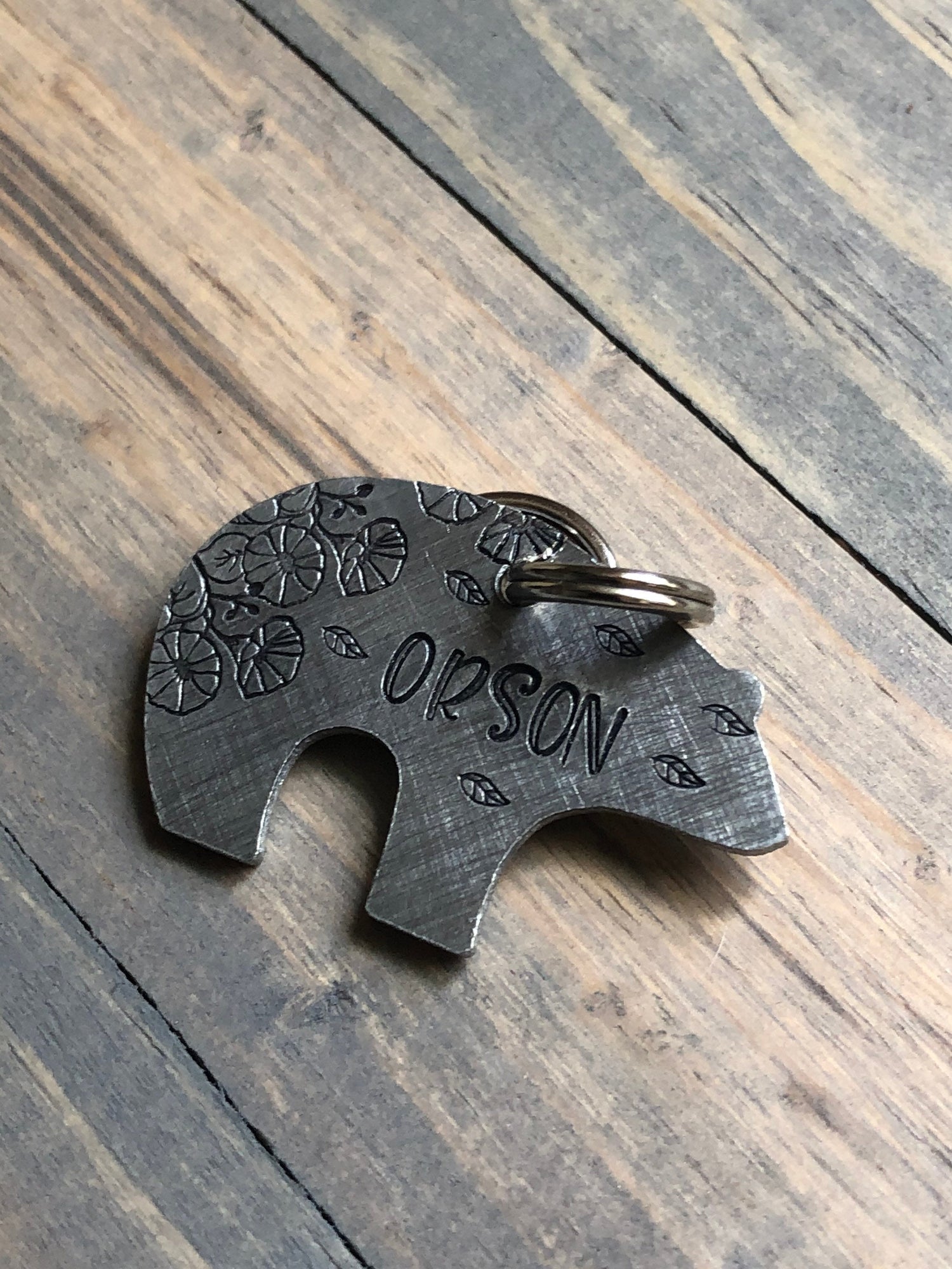 Custom Zuni Bear Dog Tag, Hand Stamped Pet ID, Personalized Dog Tag for Dog, Floral Dog Tag with Morning Glories