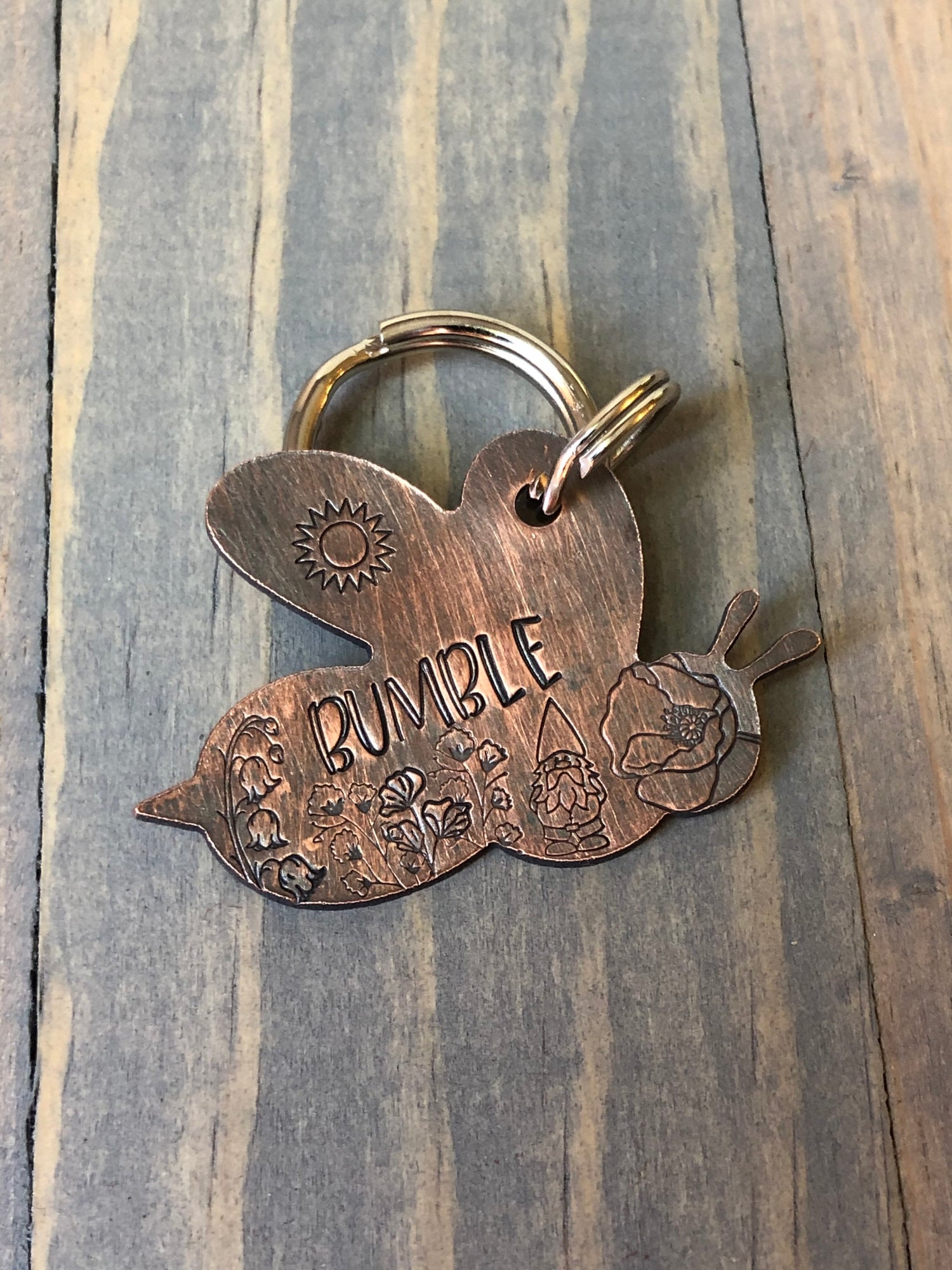 Custom Bee Dog Tag, Hand Stamped Pet ID, Personalized Dog Tag for Dog, Bumblebee Dog Tag, Garden Gnome with Flowers, Lily of the Valley