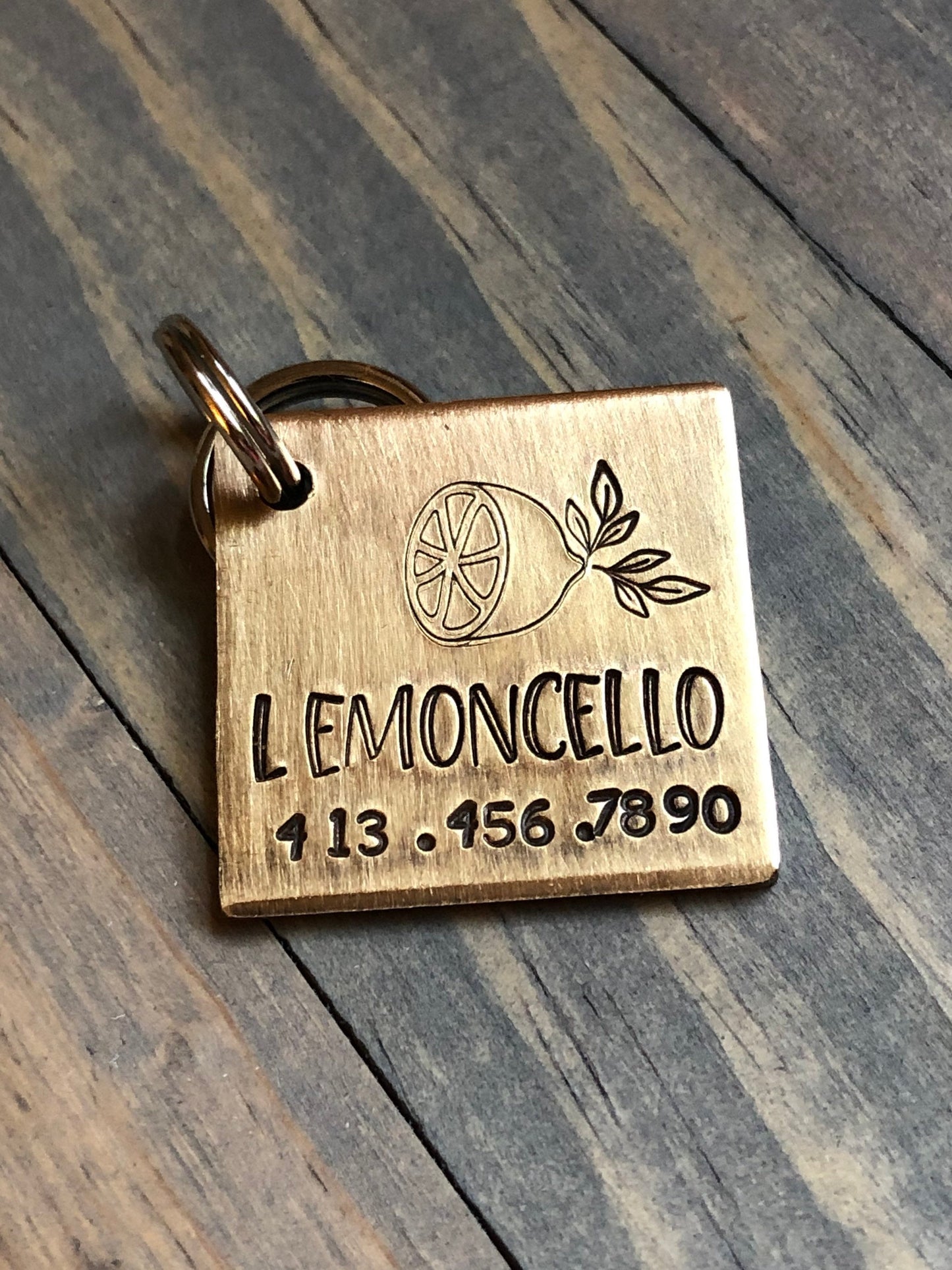 Personalized Name Tag for Dog, Hand Stamped Pet ID, Lemon Dog Tag, Dog Tag with Lemon