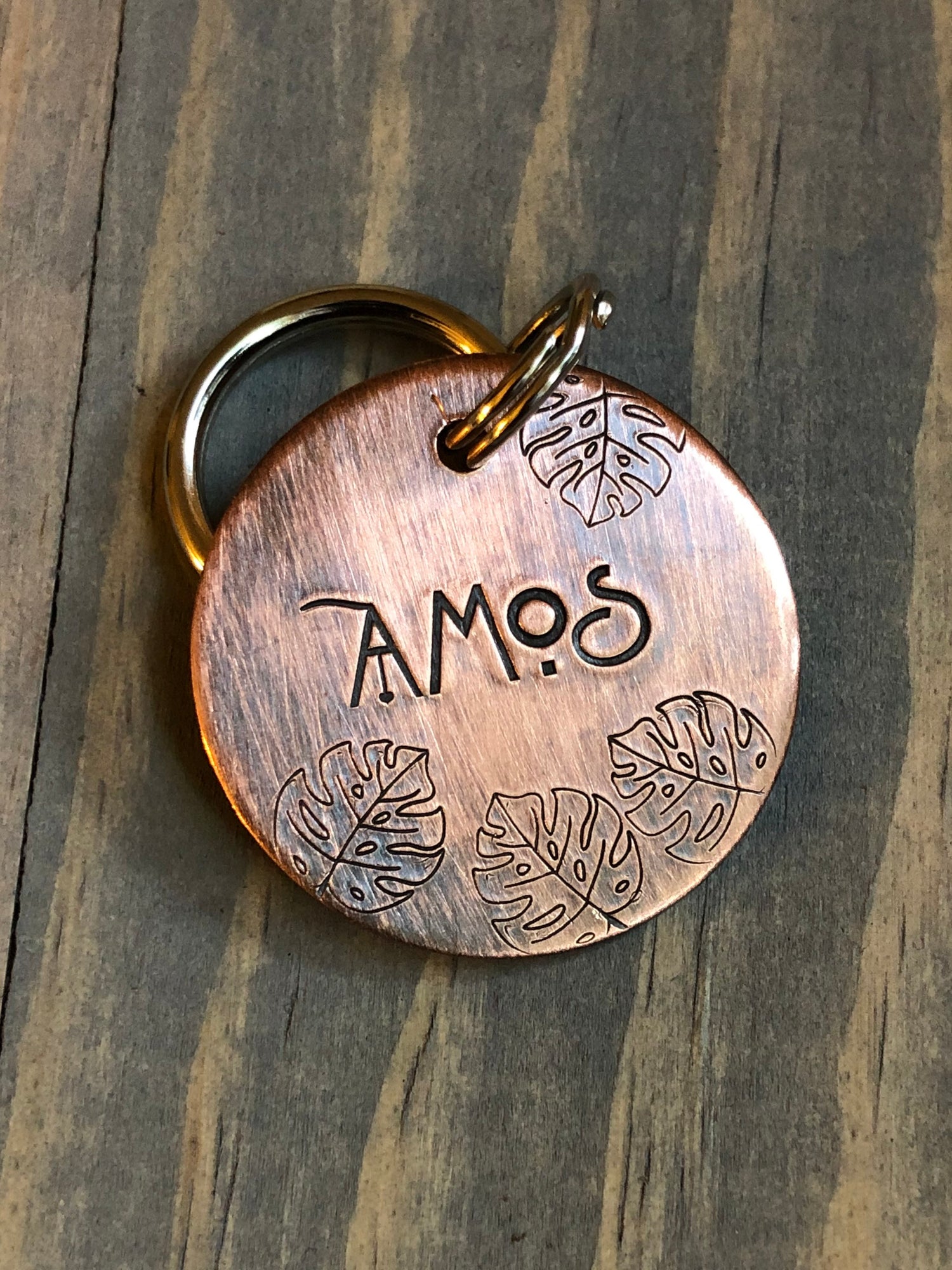 Name Tag for Dog, Hand Stamped Pet ID Tag, Tropical Leaves, Monstera Leaf Personalized Dog Tag for Dog, Floral Dog Tag,  Dog Tag with Palms