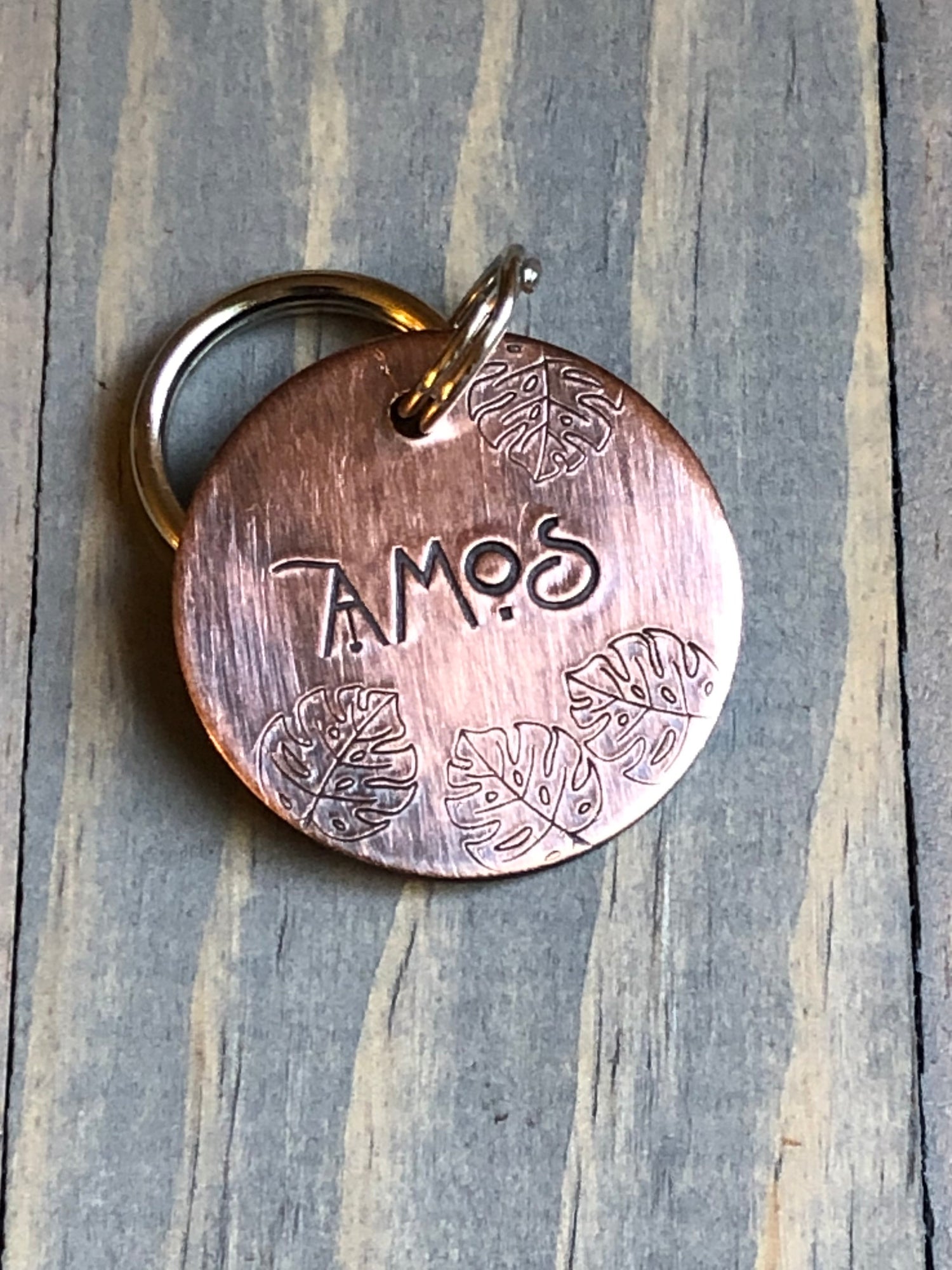 Name Tag for Dog, Hand Stamped Pet ID Tag, Tropical Leaves, Monstera Leaf Personalized Dog Tag for Dog, Floral Dog Tag,  Dog Tag with Palms