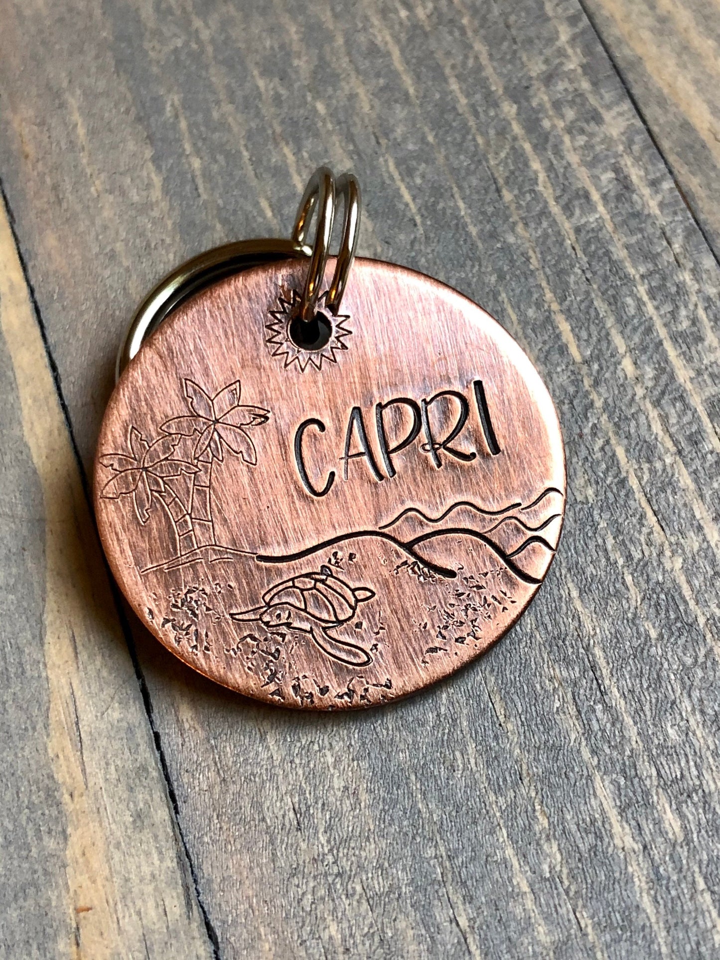 Hand Stamped Pet ID Tag, Name Tag for Dog, Coastal Beachy Dog Tag, Personalized Dog Tag for Dog, Turtle, Palm Tree, Beach