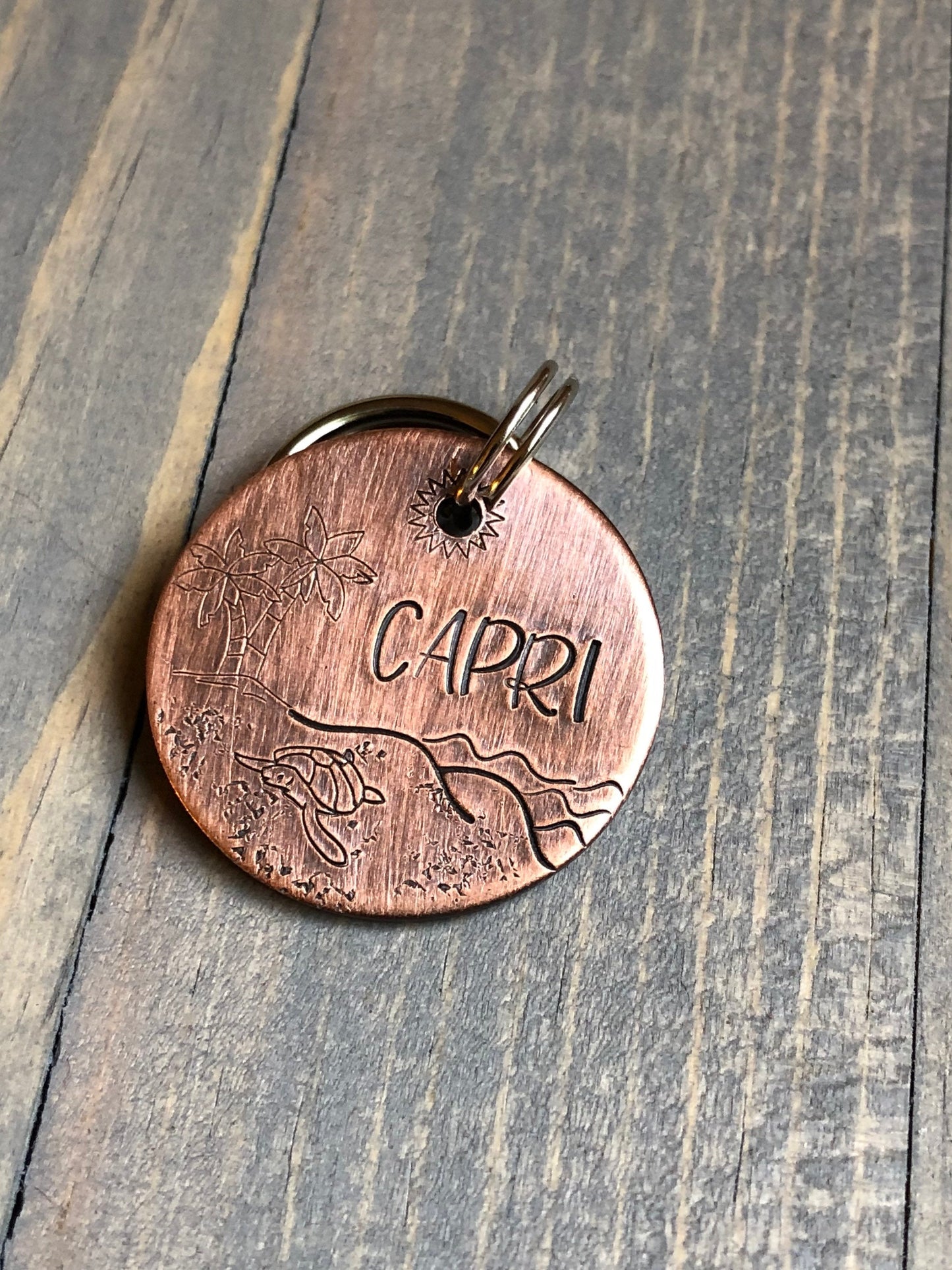 Hand Stamped Pet ID Tag, Name Tag for Dog, Coastal Beachy Dog Tag, Personalized Dog Tag for Dog, Turtle, Palm Tree, Beach