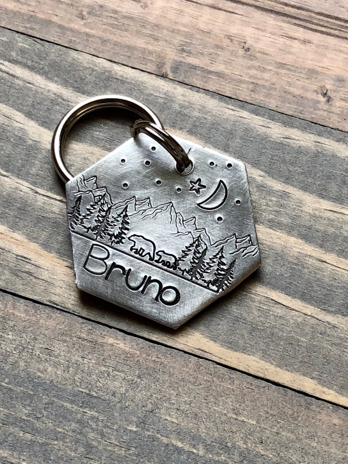 Custom Wilderness Dog Tag, Hand Stamped Pet ID, Personalized Dog Tag for Dog, Dog ID Tag with Bear, Collar Tag with Mountains, Moon, Stars