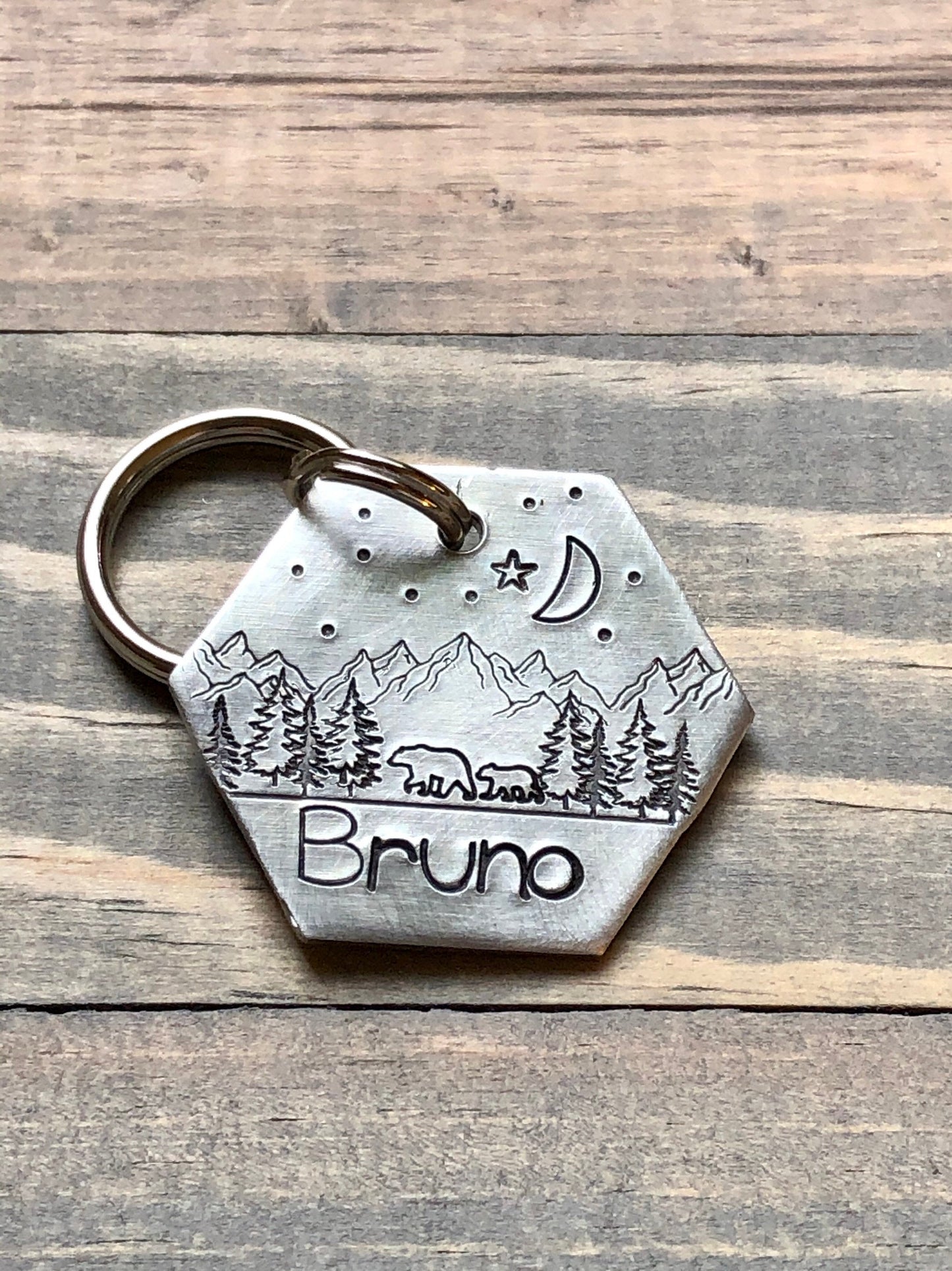 Custom Wilderness Dog Tag, Hand Stamped Pet ID, Personalized Dog Tag for Dog, Dog ID Tag with Bear, Collar Tag with Mountains, Moon, Stars