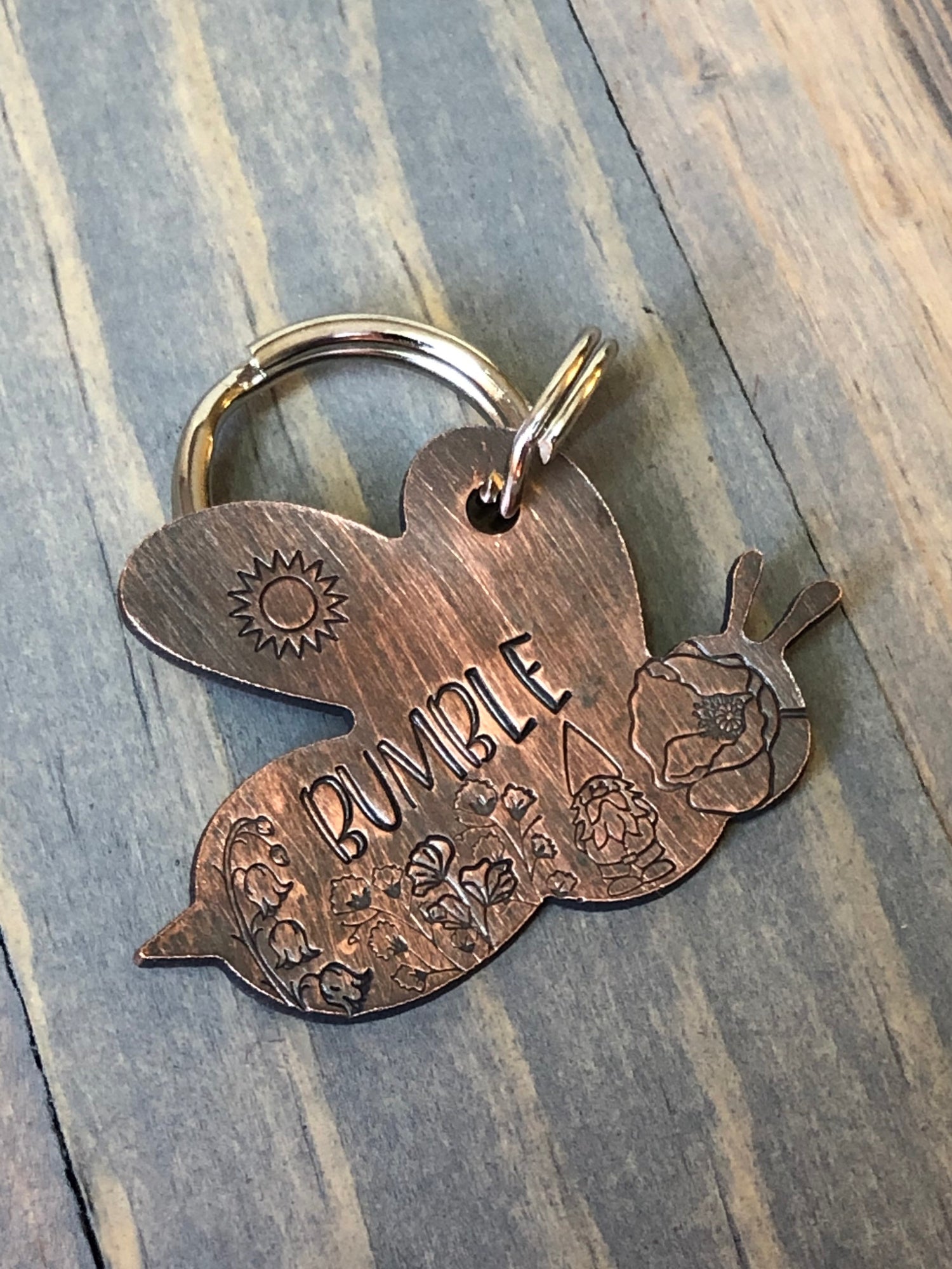 Custom Bee Dog Tag, Hand Stamped Pet ID, Personalized Dog Tag for Dog, Bumblebee Dog Tag, Garden Gnome with Flowers, Lily of the Valley