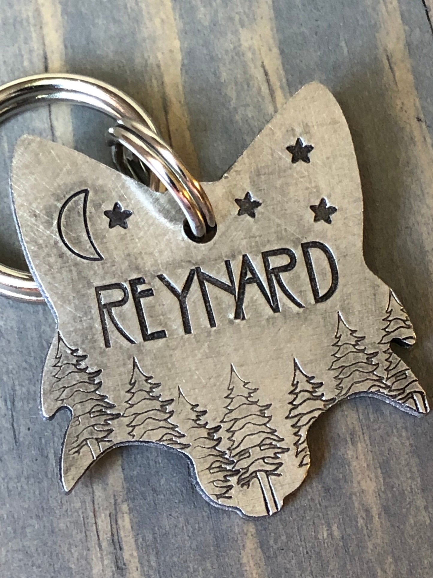 Custom Fox Dog Tag, Hand Stamped Pet ID, Personalized Dog Tag for Dog, Reynard Dog Tag, Fox with Trees, Moon & Stars