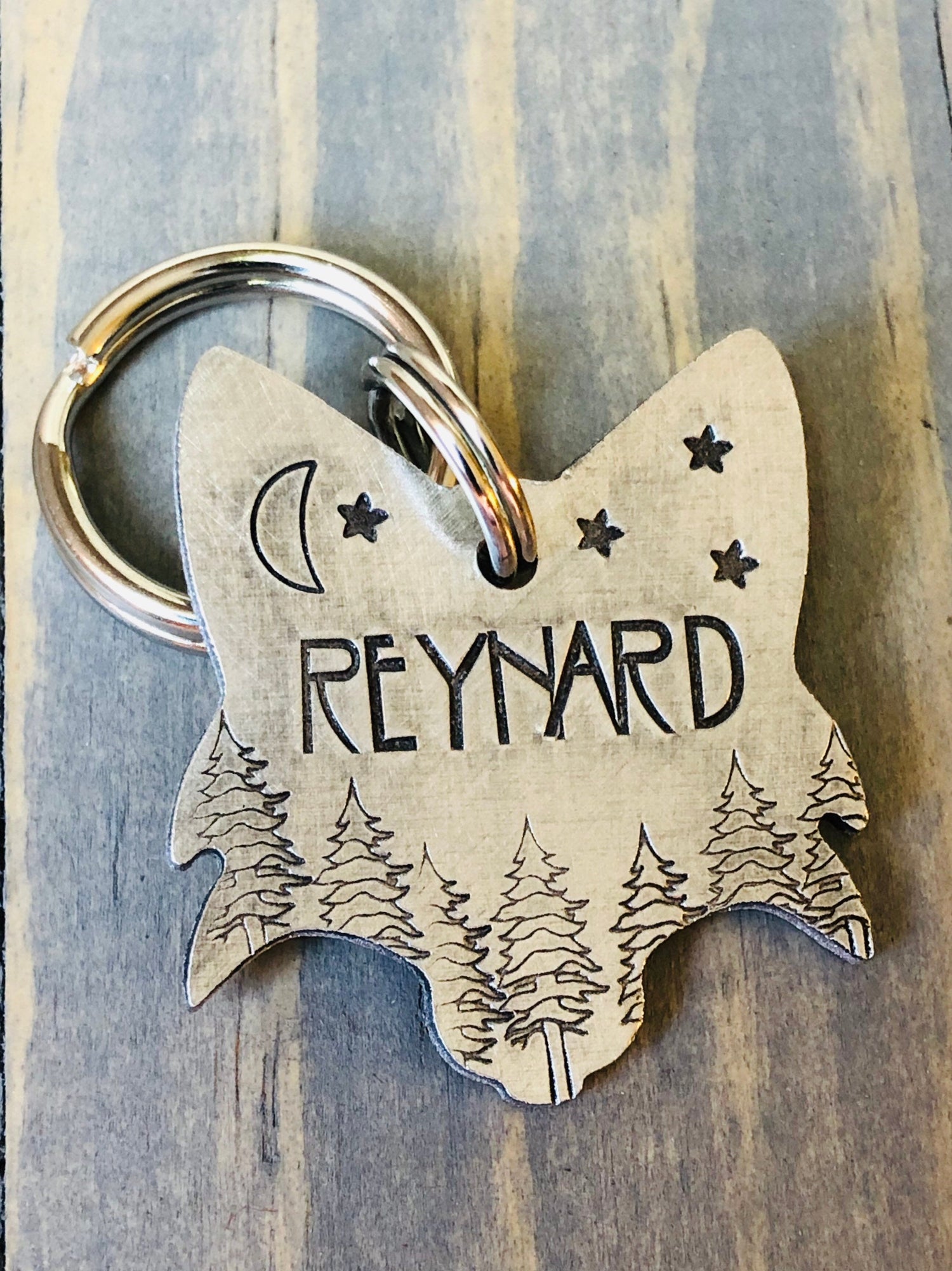 Custom Fox Dog Tag, Hand Stamped Pet ID, Personalized Dog Tag for Dog, Reynard Dog Tag, Fox with Trees, Moon & Stars