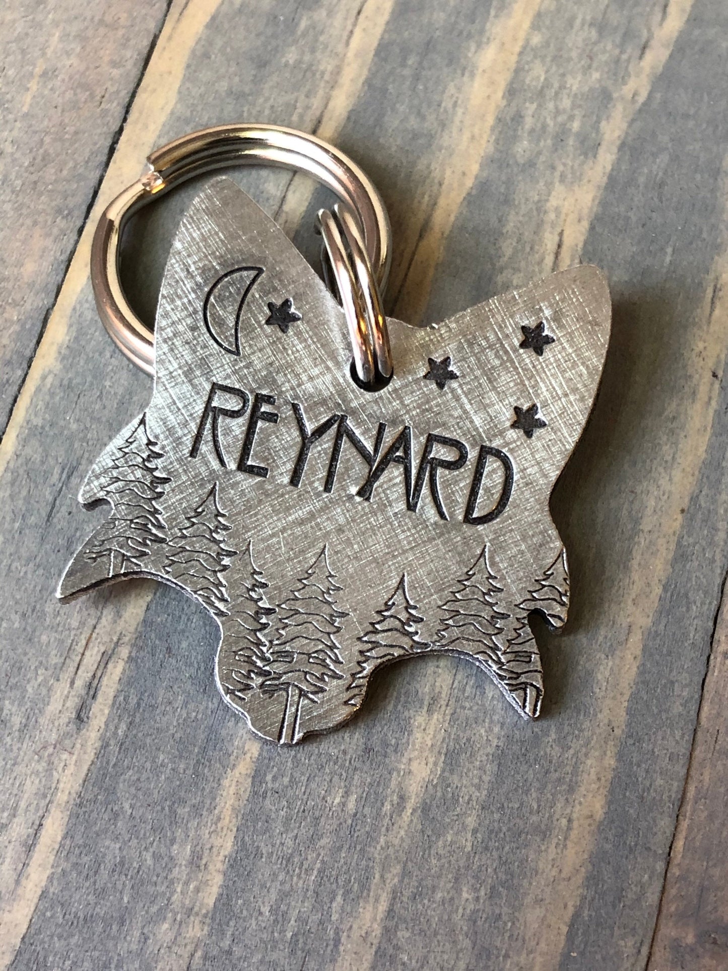 Custom Fox Dog Tag, Hand Stamped Pet ID, Personalized Dog Tag for Dog, Reynard Dog Tag, Fox with Trees, Moon & Stars