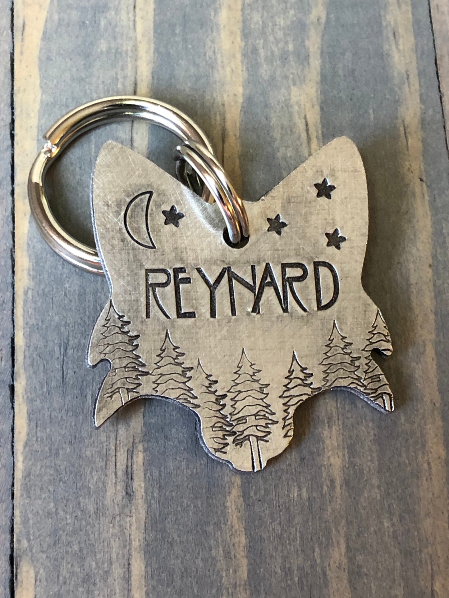 Custom Fox Dog Tag, Hand Stamped Pet ID, Personalized Dog Tag for Dog, Reynard Dog Tag, Fox with Trees, Moon & Stars