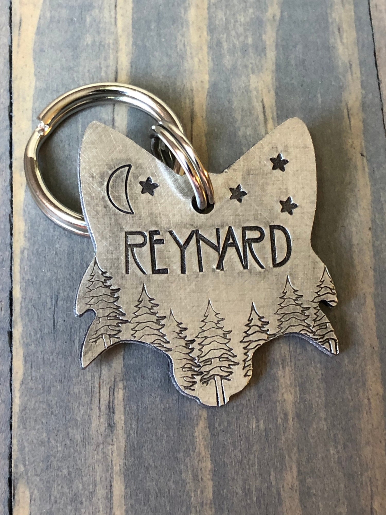 Custom Fox Dog Tag, Hand Stamped Pet ID, Personalized Dog Tag for Dog, Reynard Dog Tag, Fox with Trees, Moon & Stars