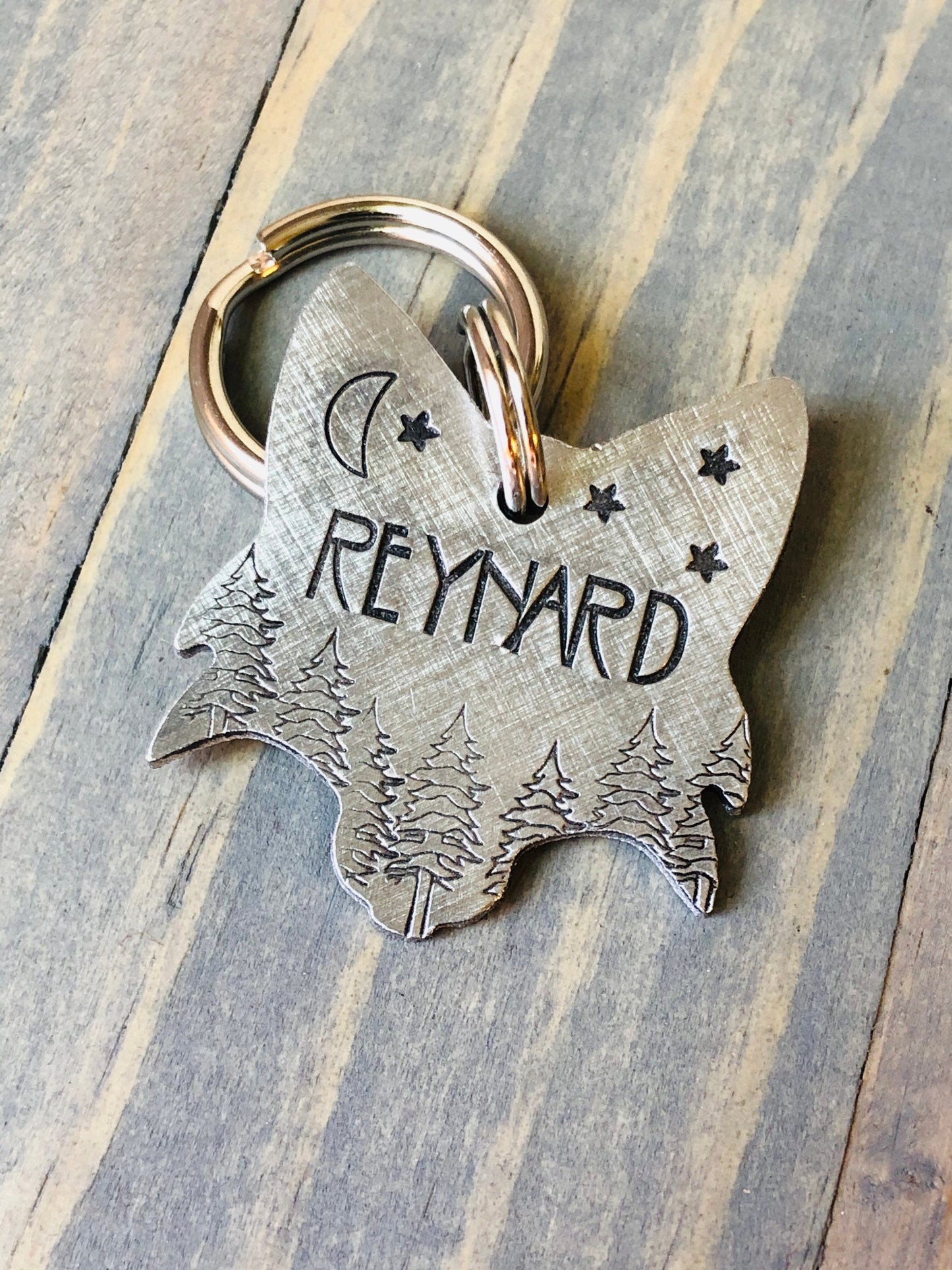 Custom Fox Dog Tag, Hand Stamped Pet ID, Personalized Dog Tag for Dog, Reynard Dog Tag, Fox with Trees, Moon & Stars