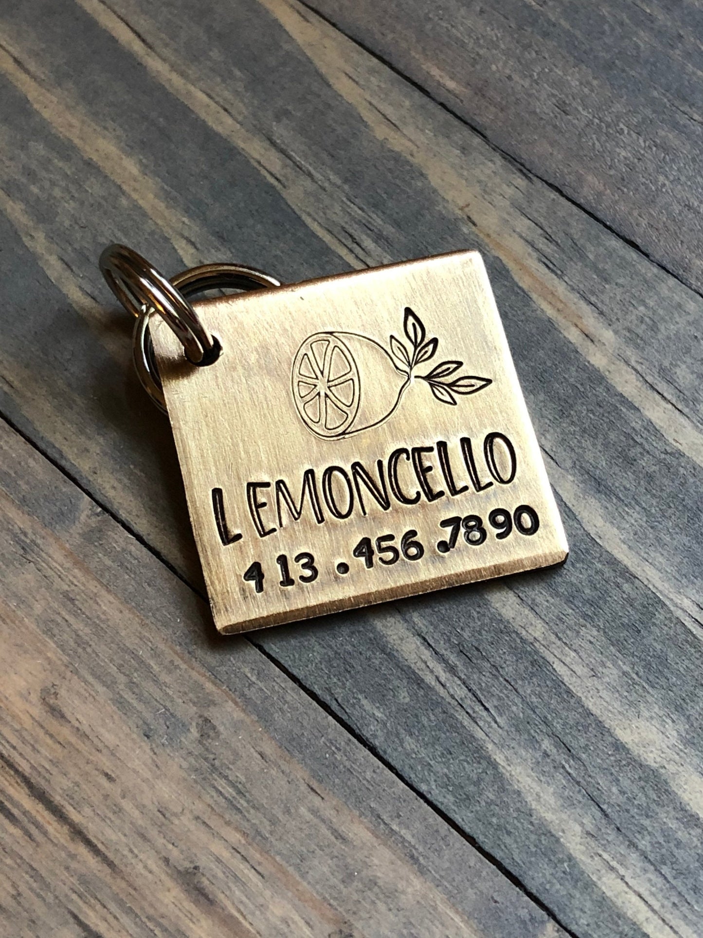 Personalized Name Tag for Dog, Hand Stamped Pet ID, Lemon Dog Tag, Dog Tag with Lemon