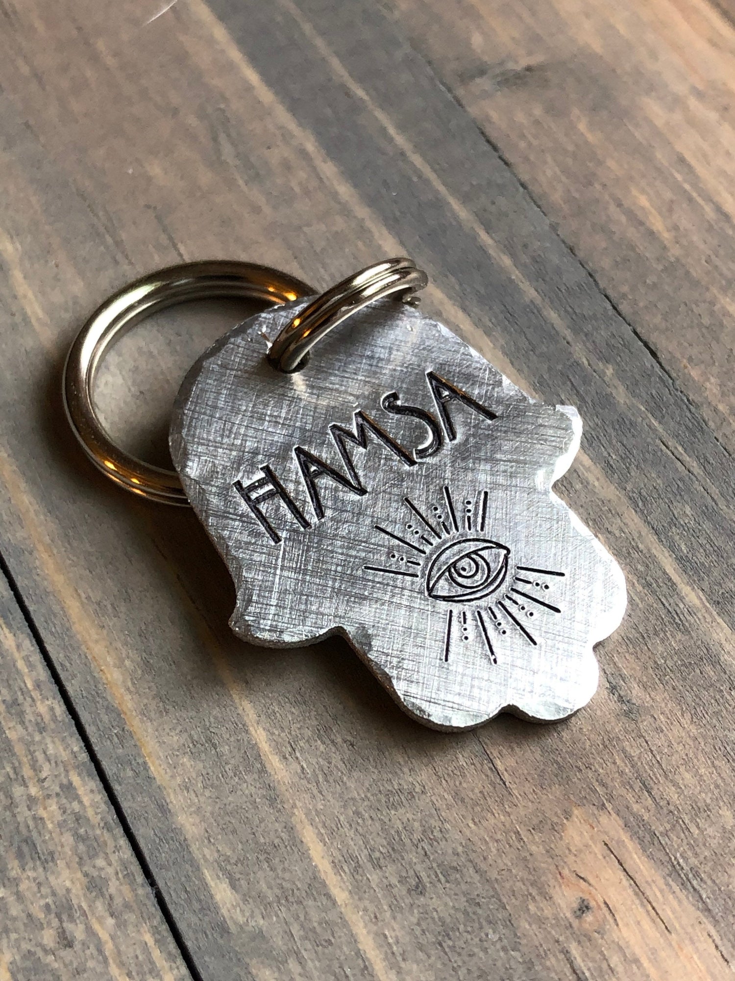 Hamsa Hand Name Tag for Dog, Hand Stamped Pet ID Tag, Evil Eye Tag, Personalized Dog Tag for Pet, AHS Font Dog ID Tag, Hand Stamped