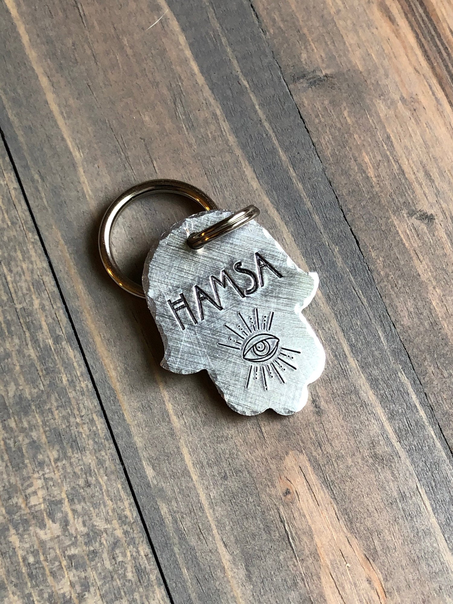 Hamsa Hand Name Tag for Dog, Hand Stamped Pet ID Tag, Evil Eye Tag, Personalized Dog Tag for Pet, AHS Font Dog ID Tag, Hand Stamped