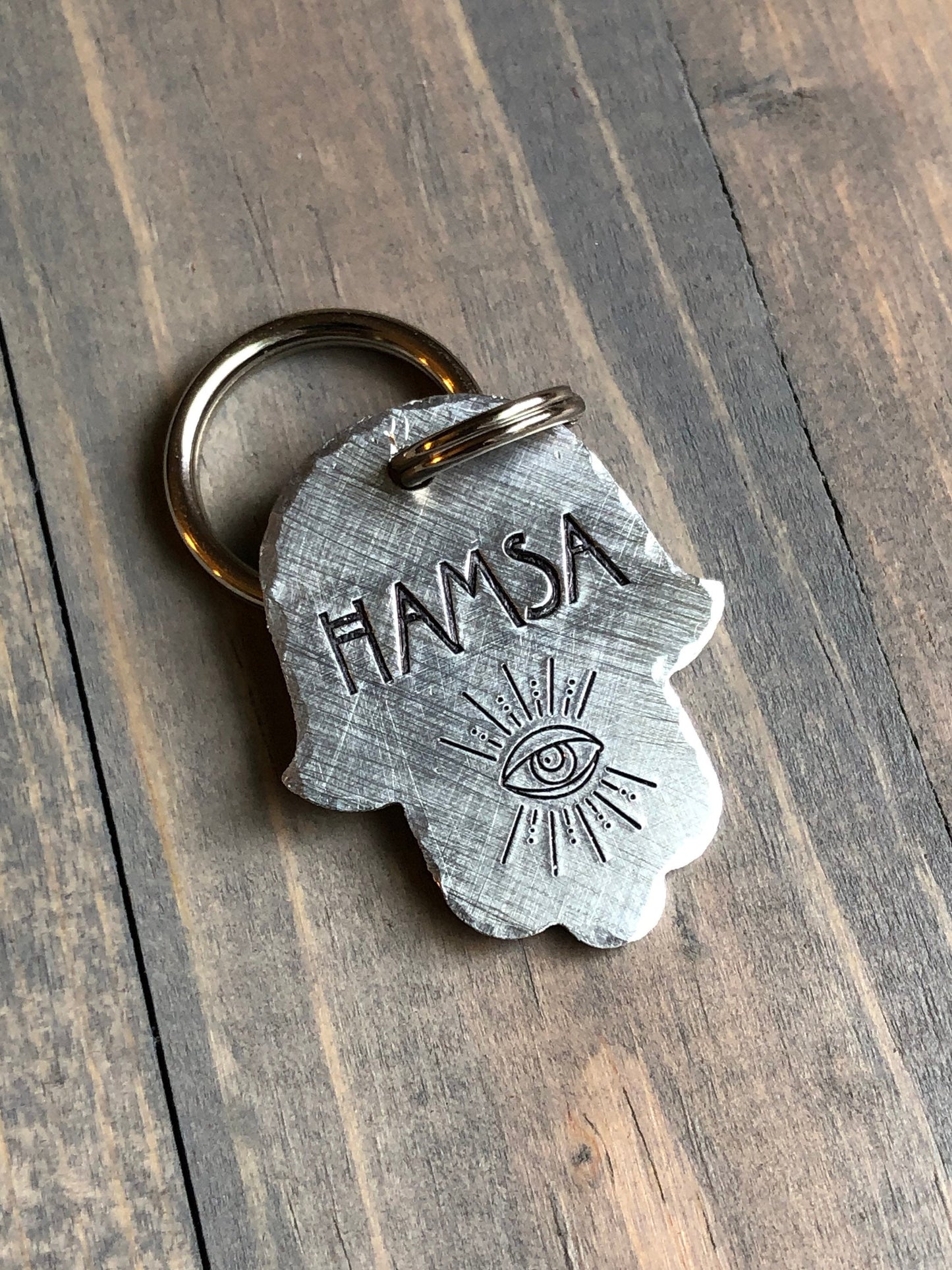 Hamsa Hand Name Tag for Dog, Hand Stamped Pet ID Tag, Evil Eye Tag, Personalized Dog Tag for Pet, AHS Font Dog ID Tag, Hand Stamped