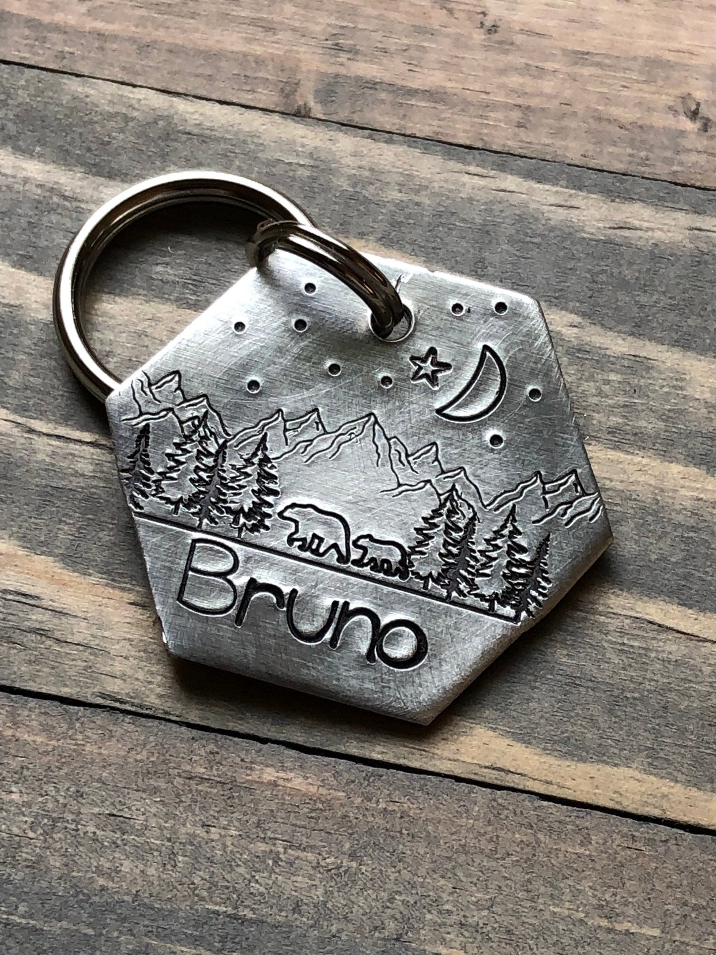 Custom Wilderness Dog Tag, Hand Stamped Pet ID, Personalized Dog Tag for Dog, Dog ID Tag with Bear, Collar Tag with Mountains, Moon, Stars