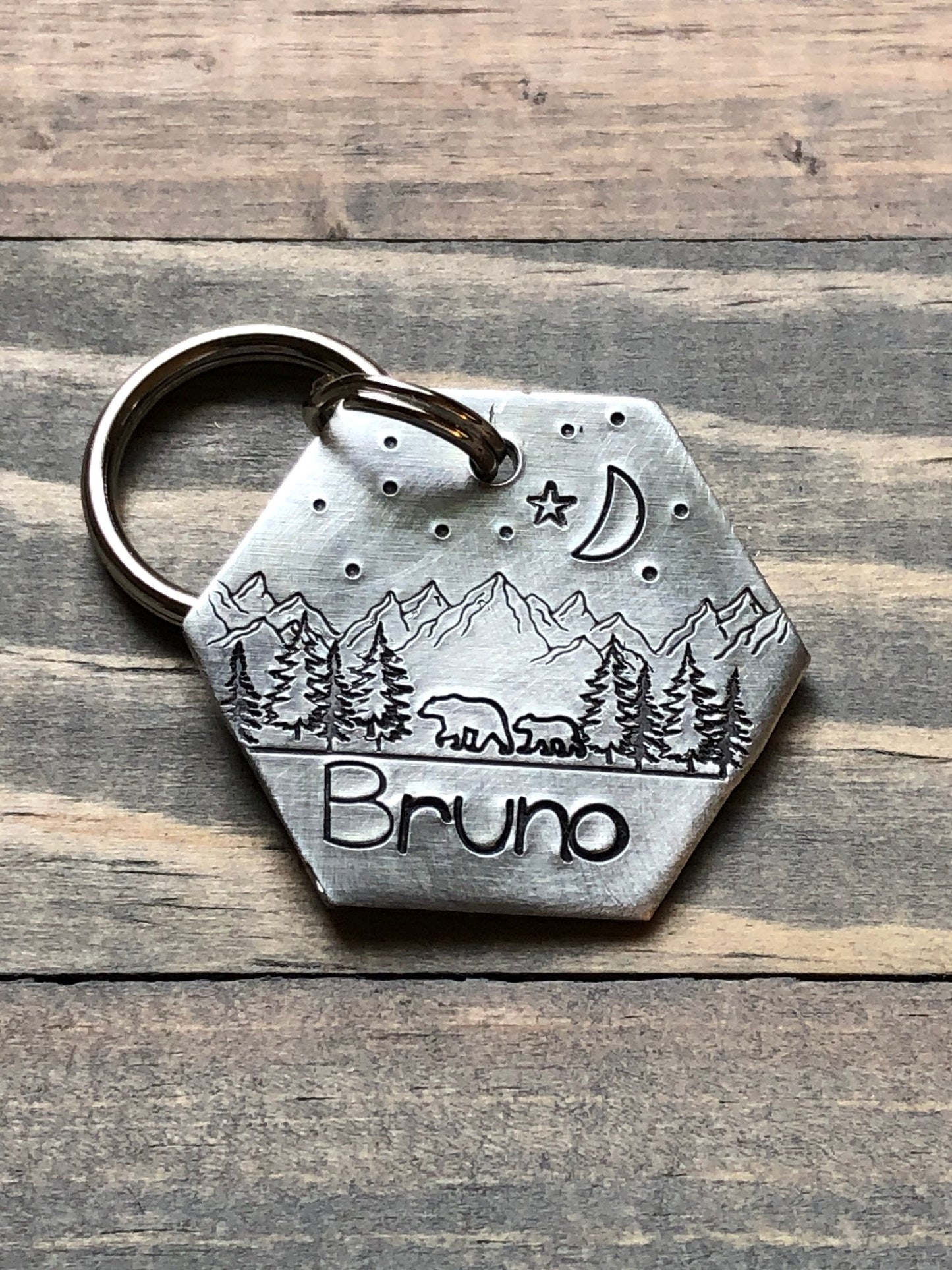 Custom Wilderness Dog Tag, Hand Stamped Pet ID, Personalized Dog Tag for Dog, Dog ID Tag with Bear, Collar Tag with Mountains, Moon, Stars