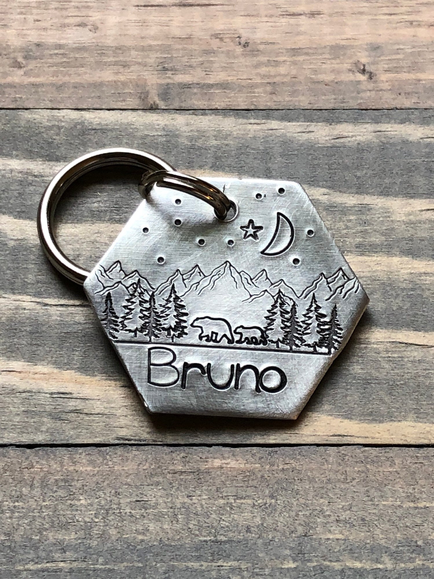 Custom Wilderness Dog Tag, Hand Stamped Pet ID, Personalized Dog Tag for Dog, Dog ID Tag with Bear, Collar Tag with Mountains, Moon, Stars