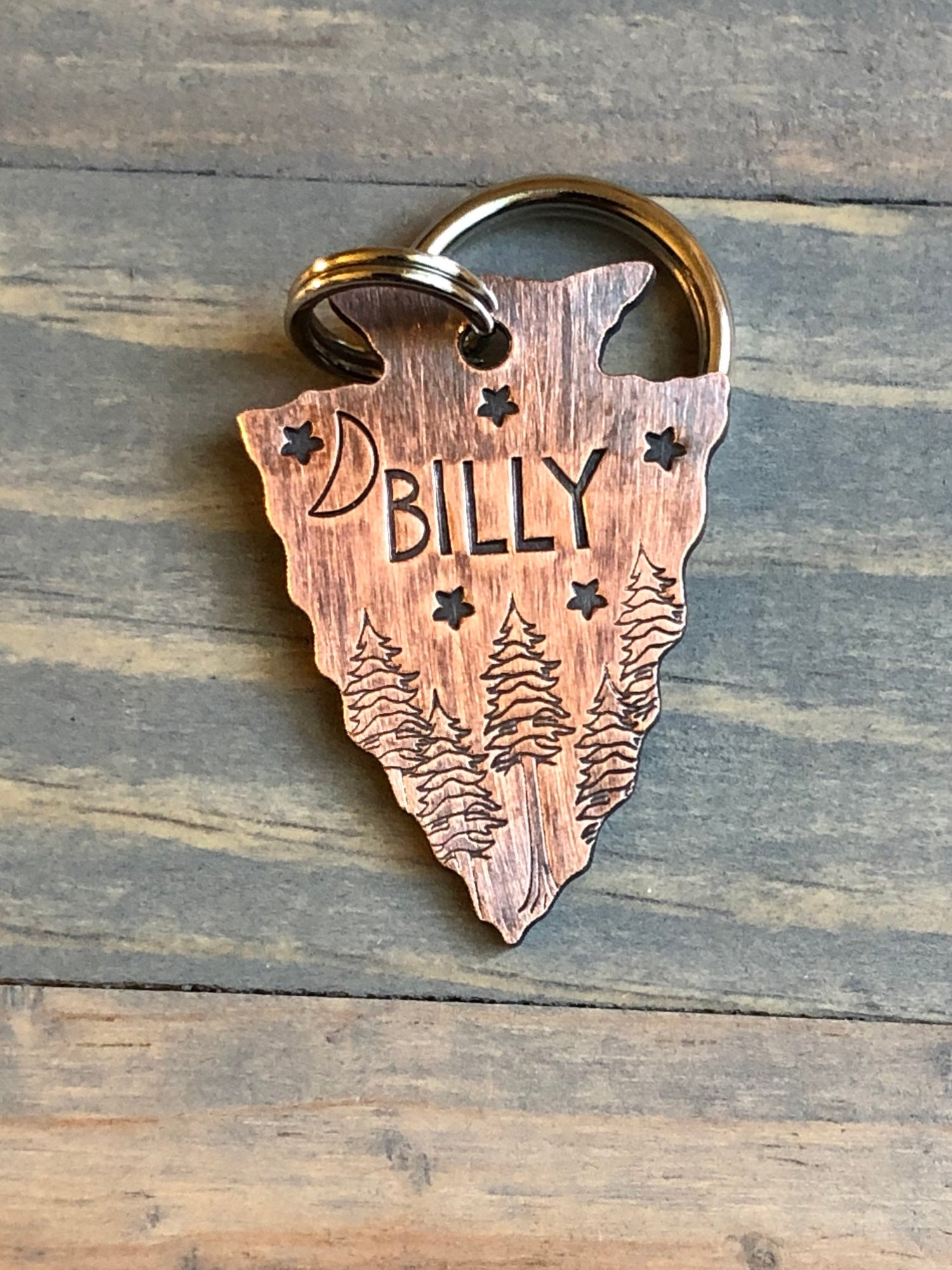 Custom Arrowhead Dog Tag, Hand Stamped Pet ID, Personalized Dog Tag for Dog, Arrowhead Dog Tag, Dog ID tag with trees and moon, stars