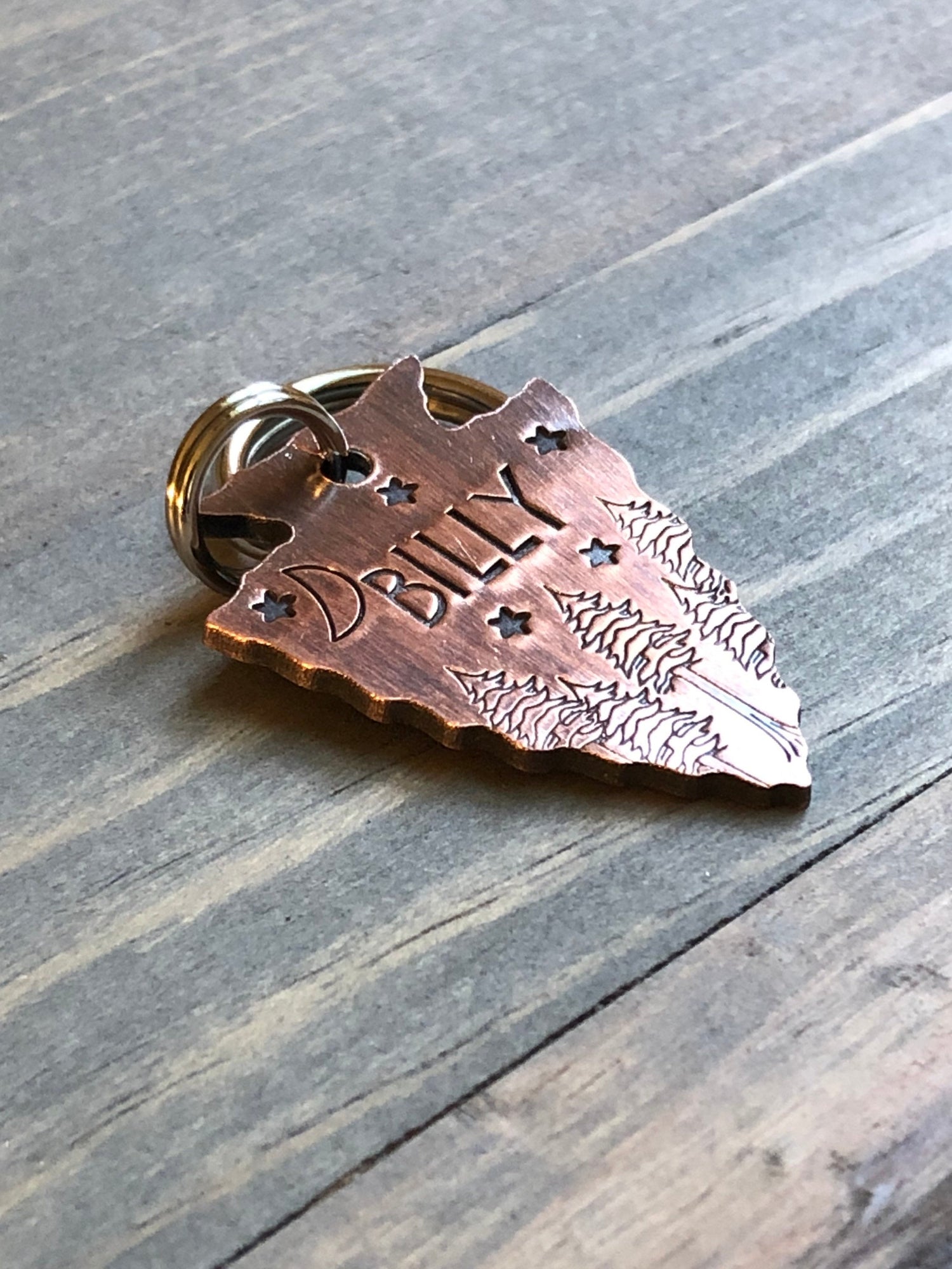 Custom Arrowhead Dog Tag, Hand Stamped Pet ID, Personalized Dog Tag for Dog, Arrowhead Dog Tag, Dog ID tag with trees and moon, stars