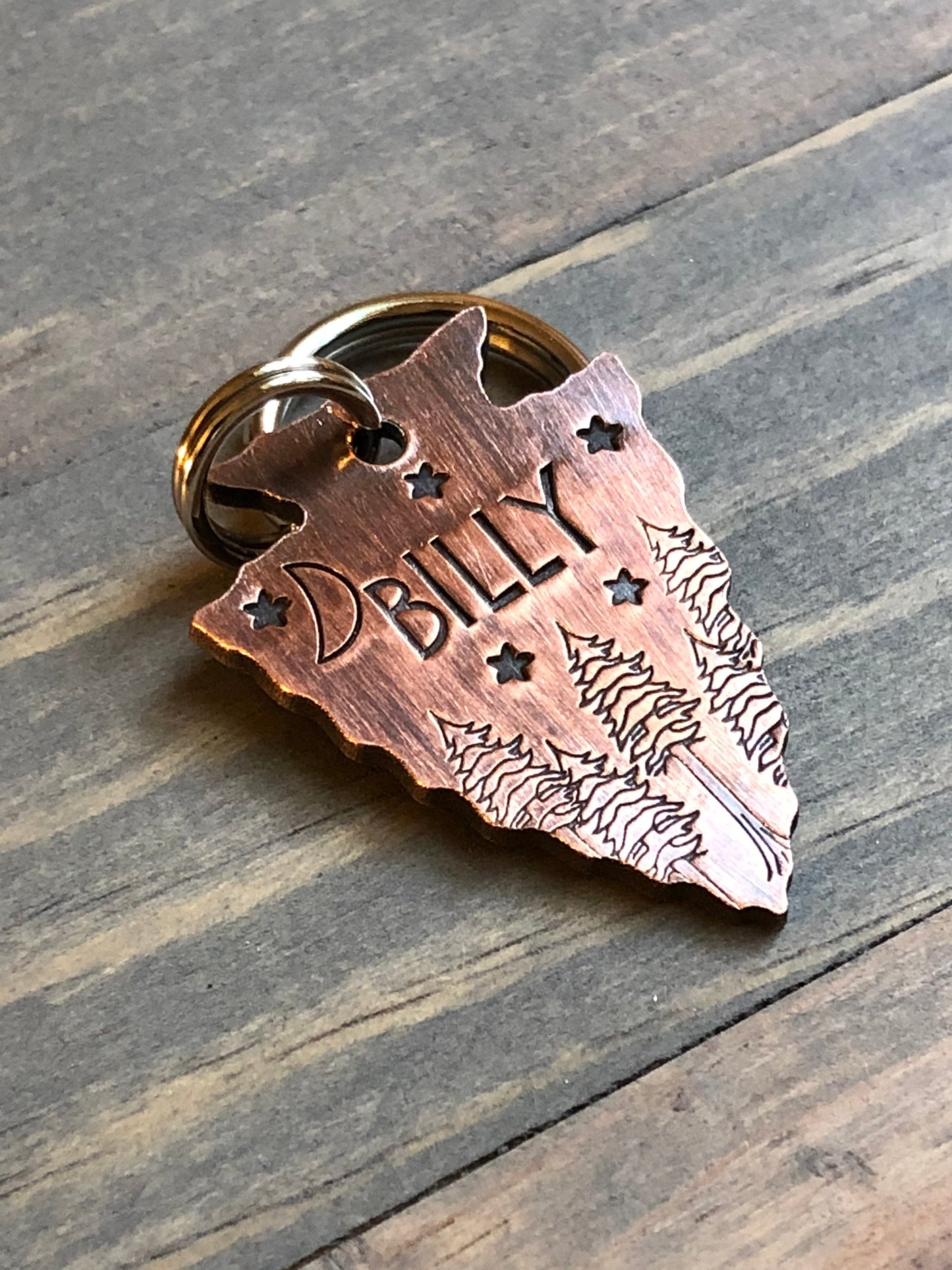 Custom Arrowhead Dog Tag, Hand Stamped Pet ID, Personalized Dog Tag for Dog, Arrowhead Dog Tag, Dog ID tag with trees and moon, stars