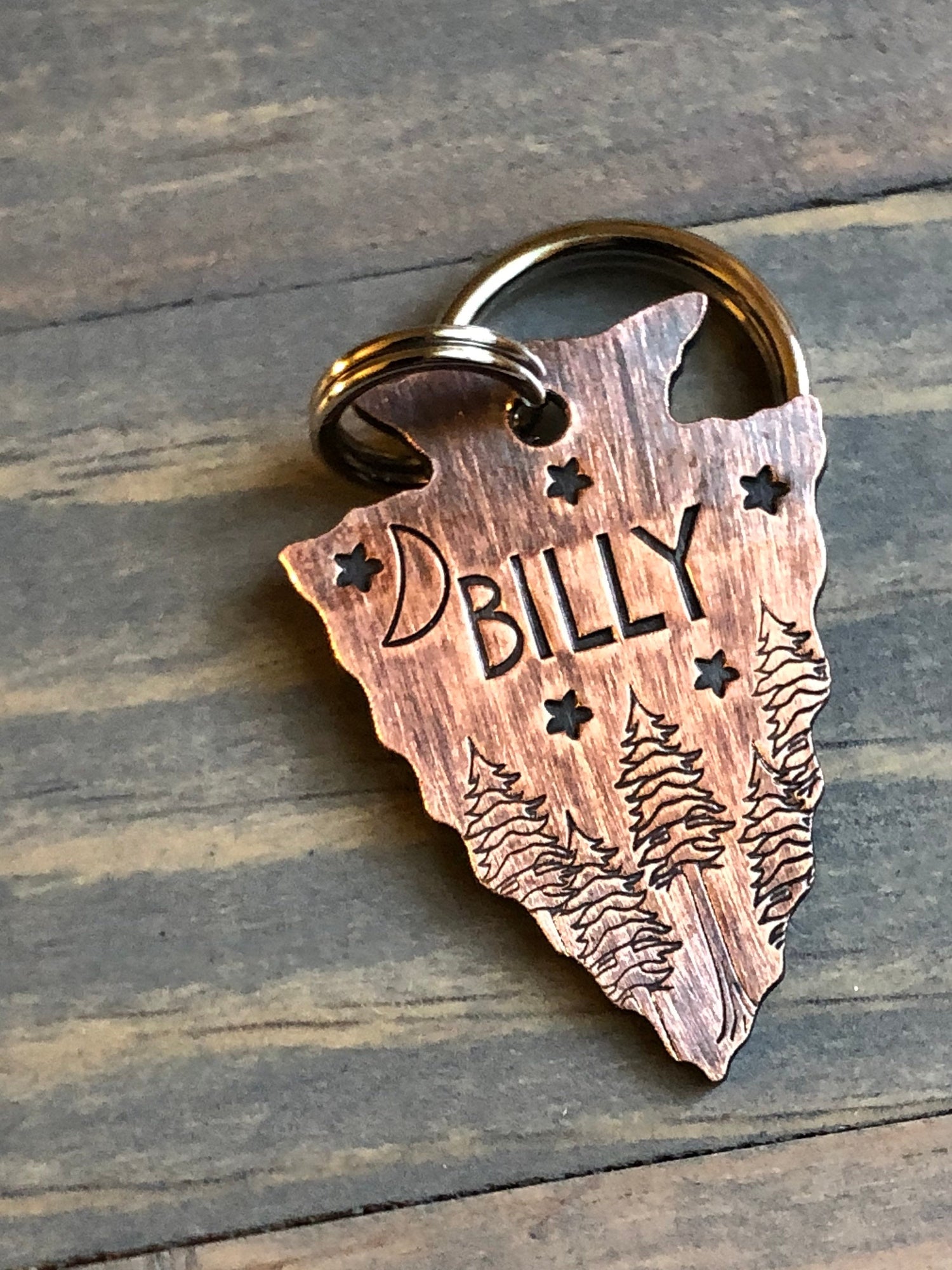 Custom Arrowhead Dog Tag, Hand Stamped Pet ID, Personalized Dog Tag for Dog, Arrowhead Dog Tag, Dog ID tag with trees and moon, stars