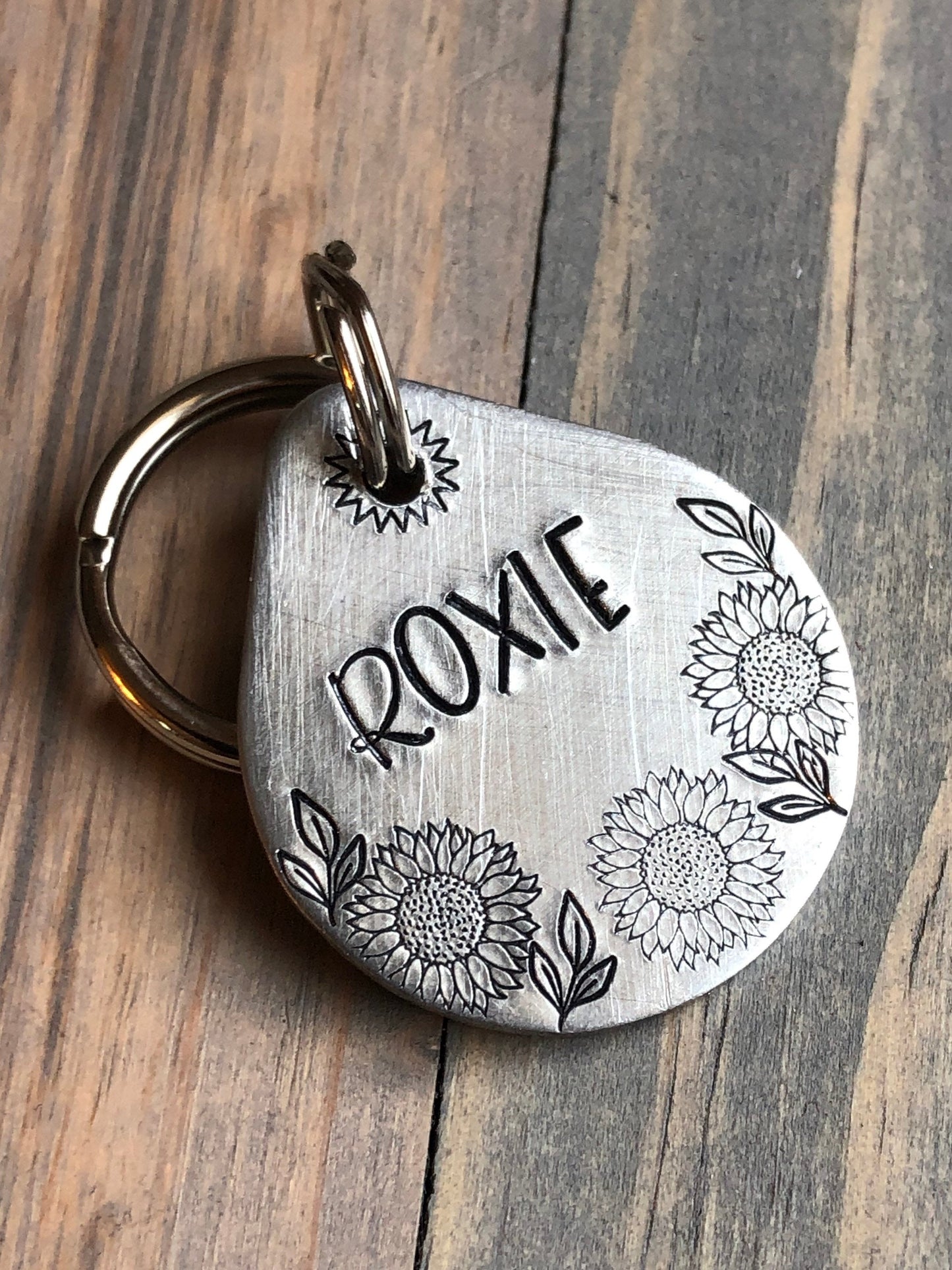Custom Sunflower Dog Tag, Hand Stamped Pet ID, Personalized Dog Tag, Floral Dog Tag, Botanical Dog Tag