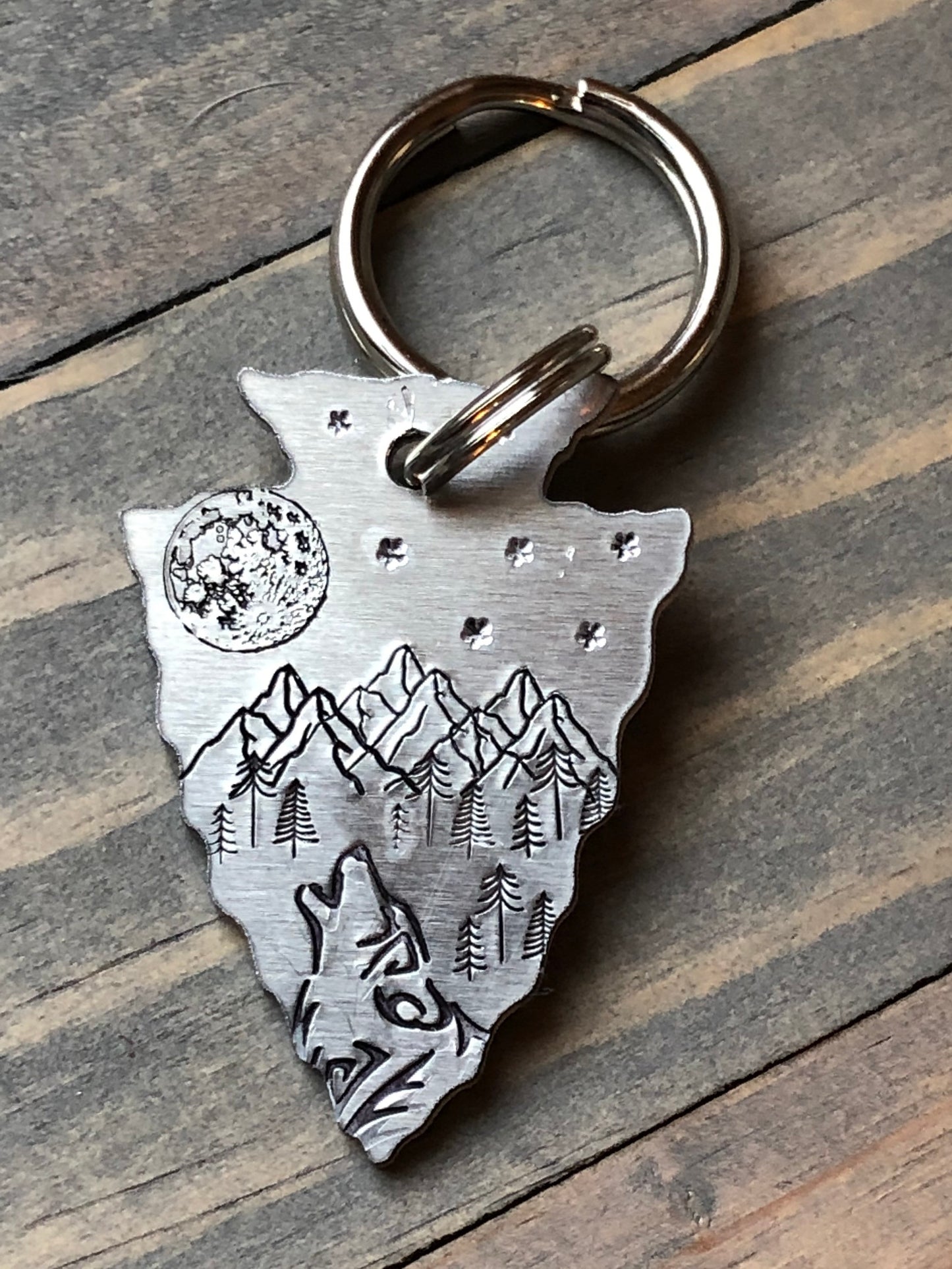 Custom Arrowhead Dog Tag, Full Moon with Wolf Dog Tag, Hand Stamped Pet ID, Personalized Dog Tag for Dog, Arrowhead Dog Tag