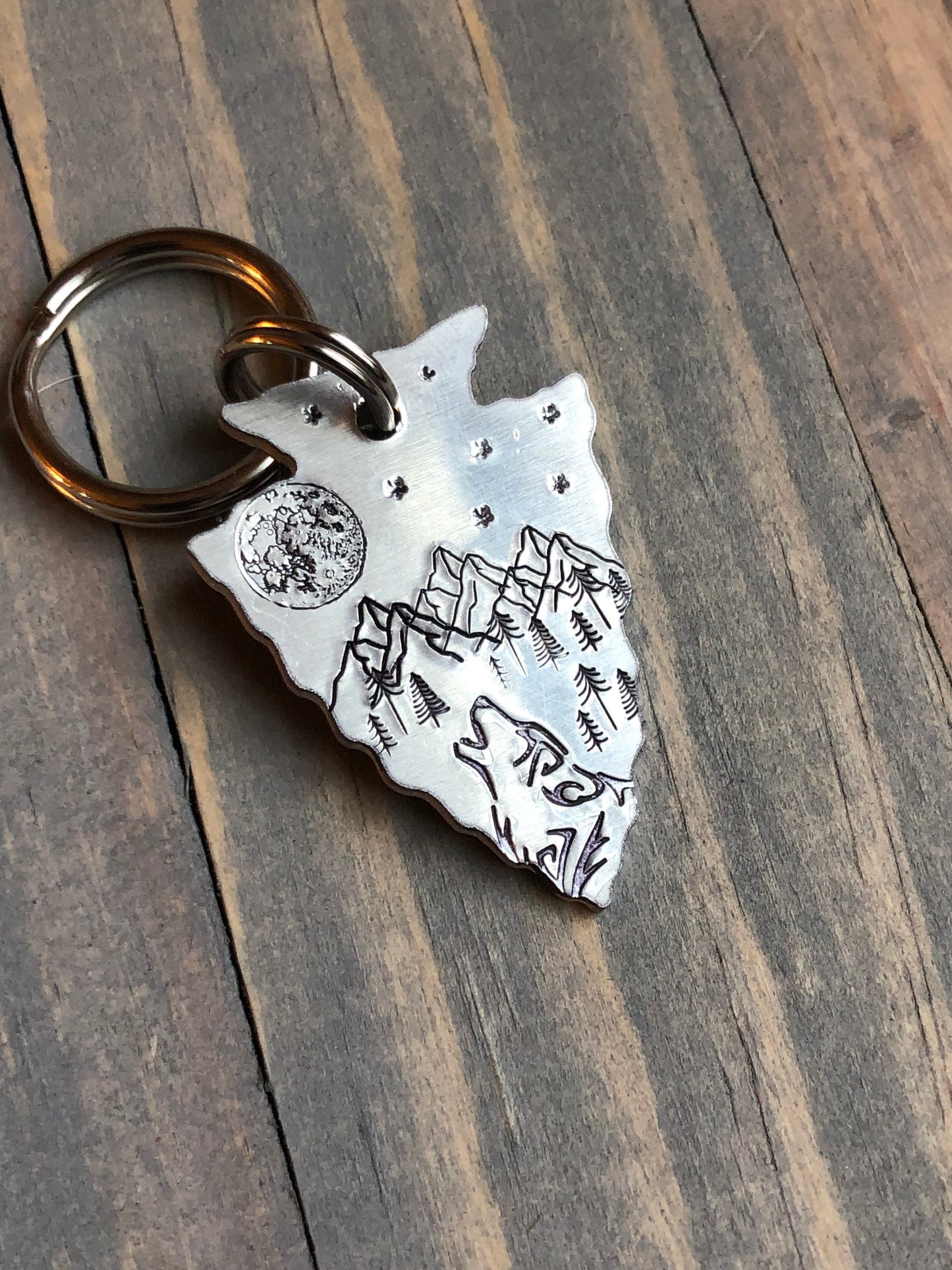Custom Arrowhead Dog Tag, Full Moon with Wolf Dog Tag, Hand Stamped Pet ID, Personalized Dog Tag for Dog, Arrowhead Dog Tag