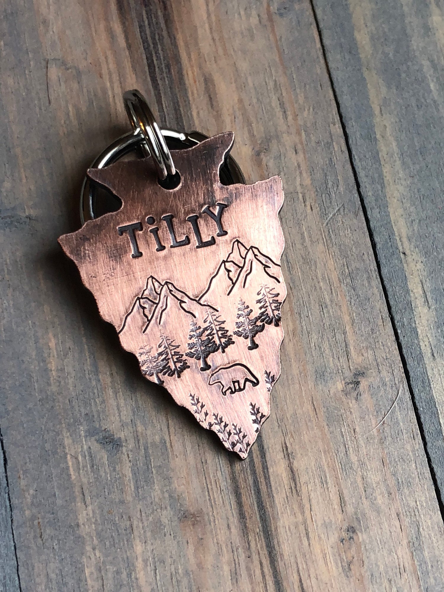 Custom Arrowhead Dog Tag, Hand Stamped Pet ID, Grizzly Bear, Personalized Dog Tag for Dog, Arrowhead Dog Tag with Bear